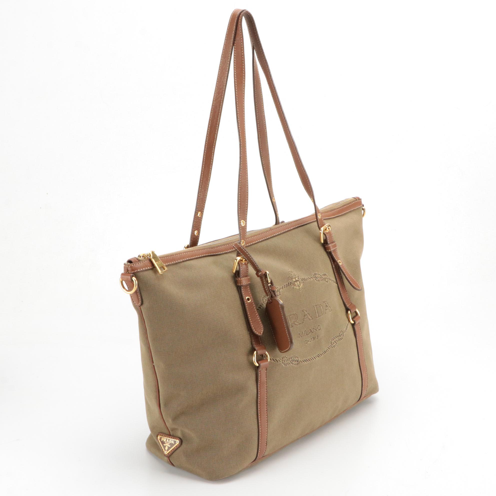 Prada Canapa Logo Shoulder Bag in Jacquard Canvas and Leather