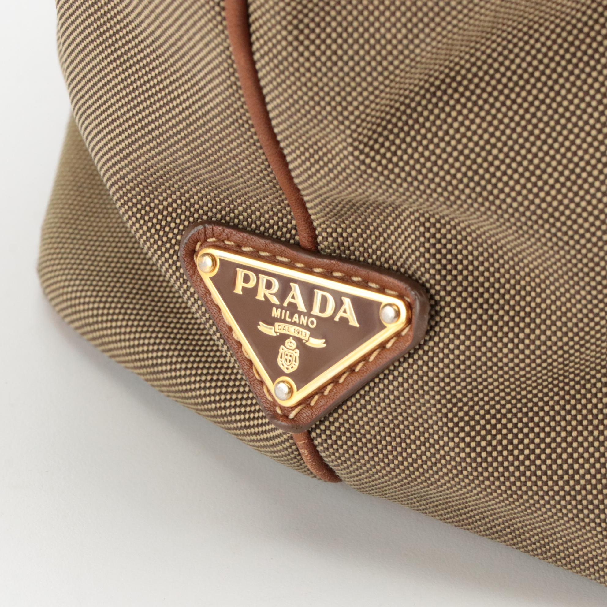 Prada Canapa Logo Shoulder Bag in Jacquard Canvas and Leather