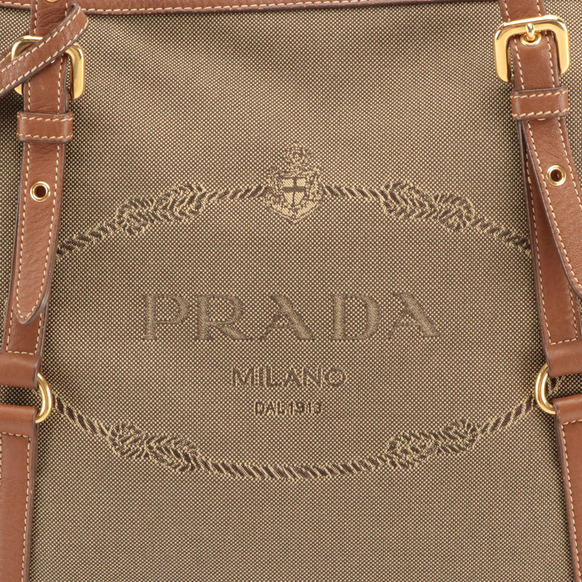Prada Canapa Logo Shoulder Bag in Jacquard Canvas and Leather