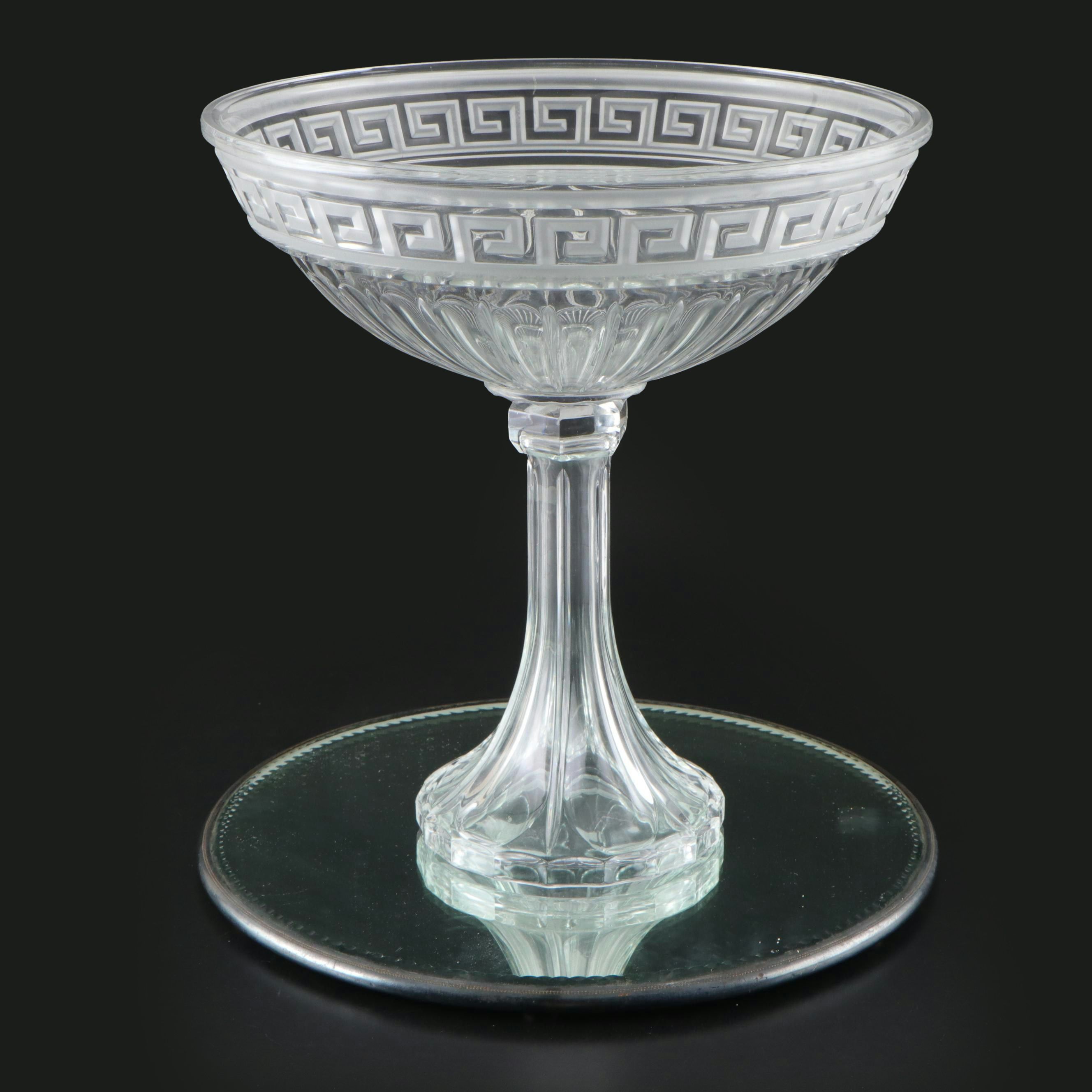 Greek Key Pattern Pressed Glass Compote with Mirrored Plateau