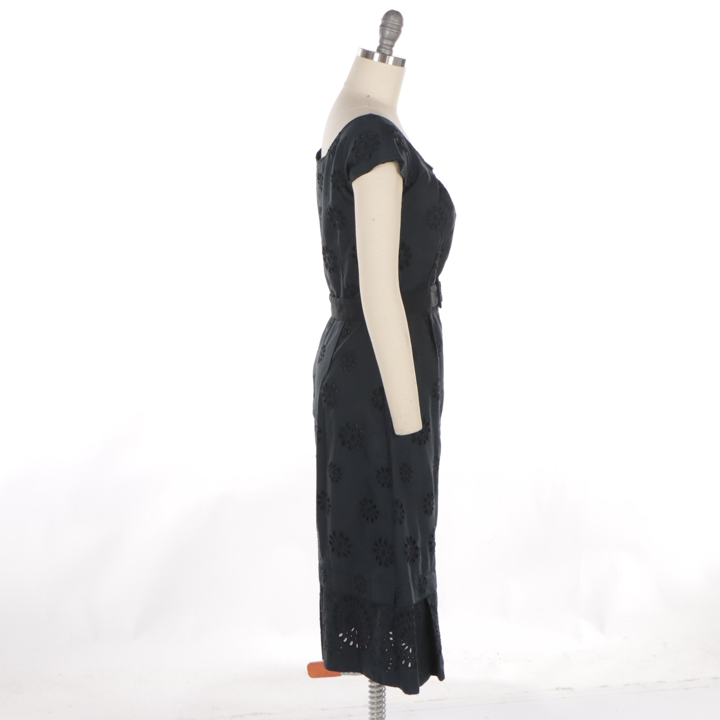 Prada Black Eyelet Belted Dress with Pleated Detail