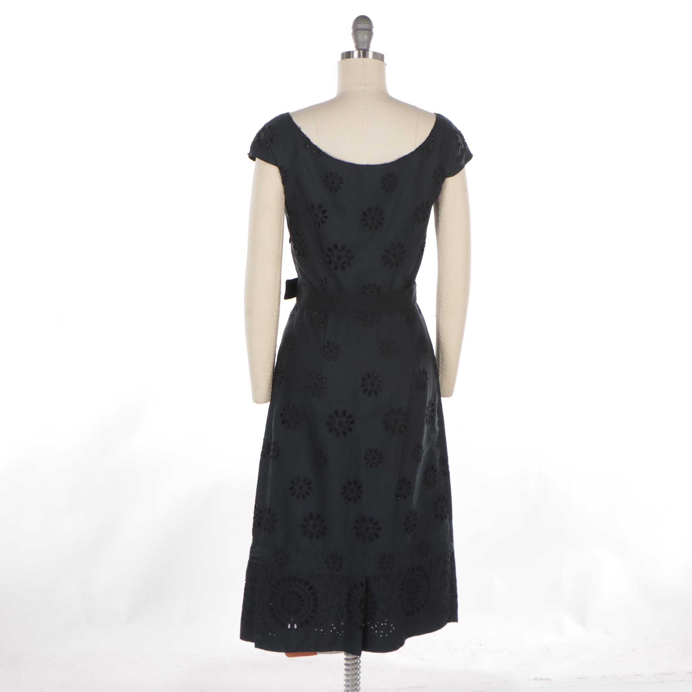 Prada Black Eyelet Belted Dress with Pleated Detail