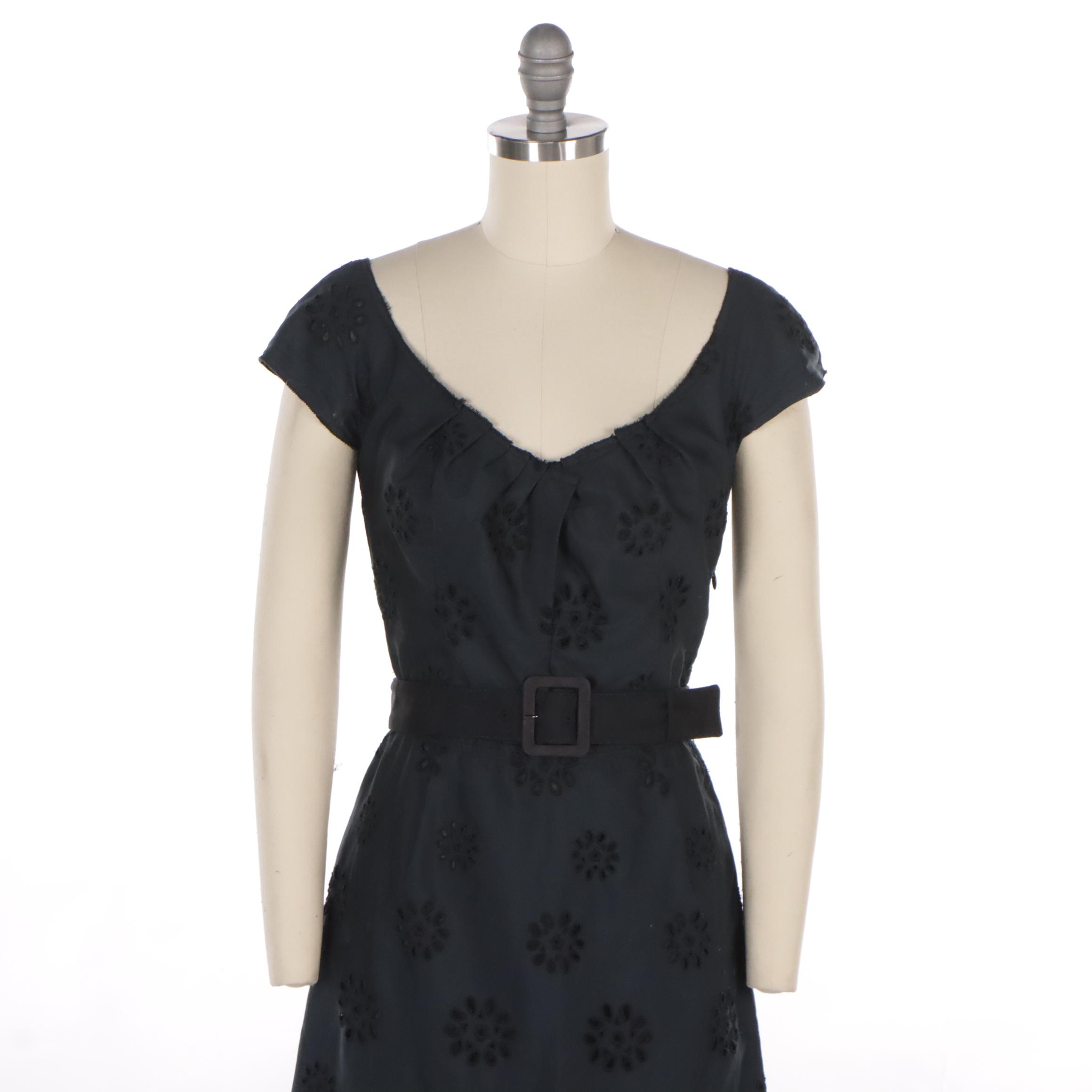 Prada Black Eyelet Belted Dress with Pleated Detail
