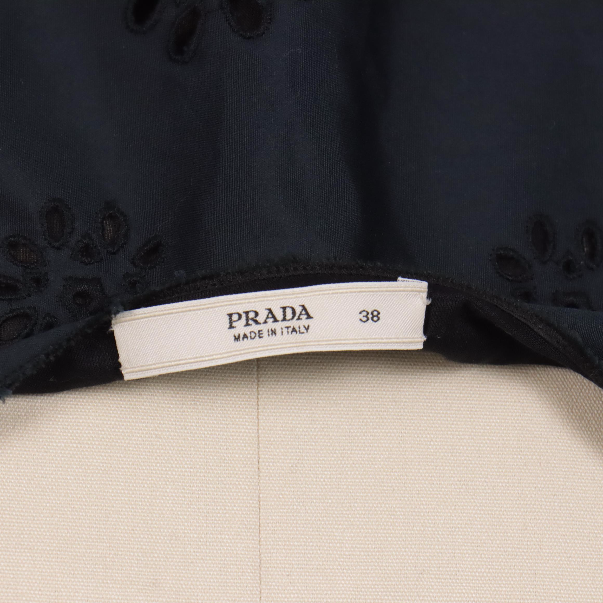 Prada Black Eyelet Belted Dress with Pleated Detail