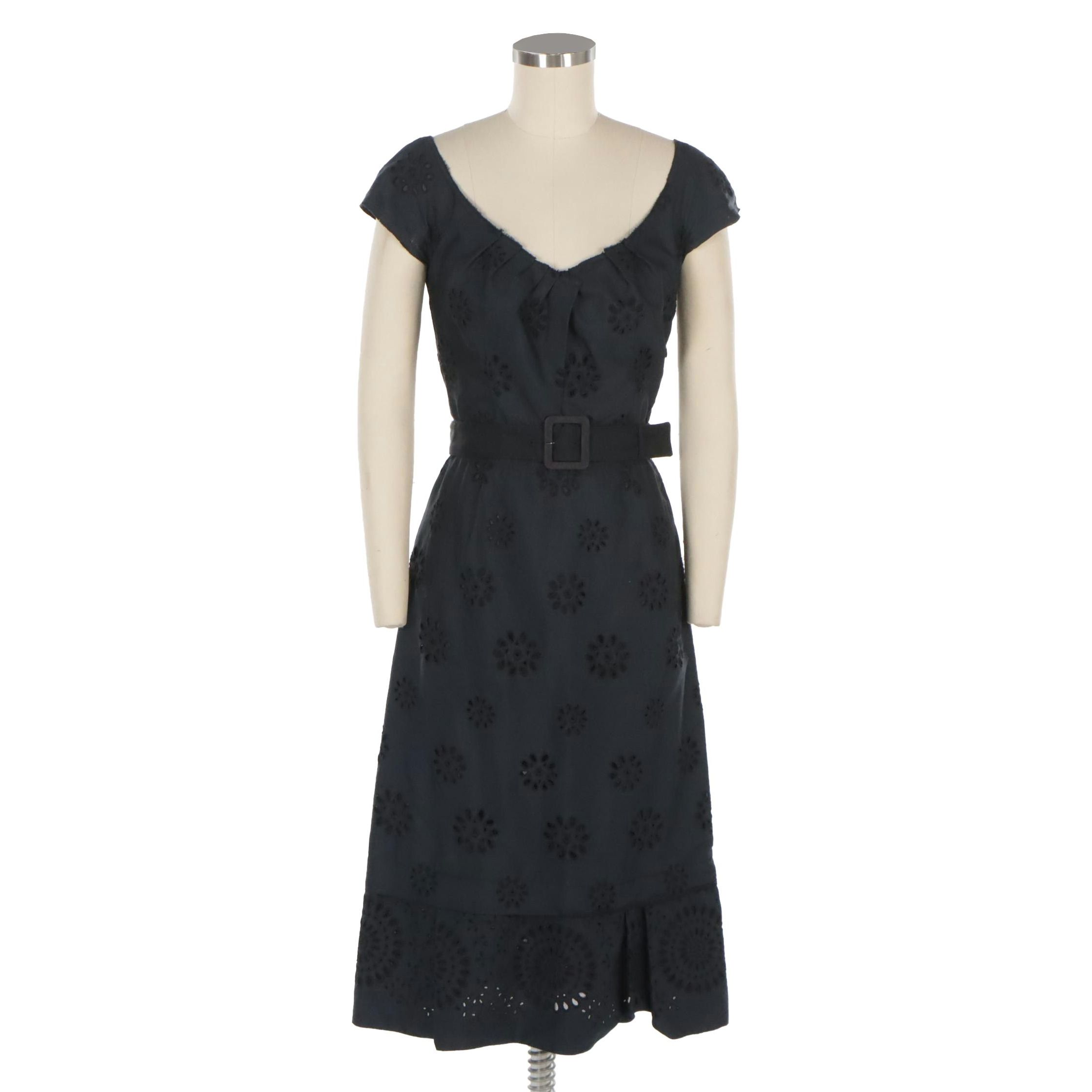 Prada Black Eyelet Belted Dress with Pleated Detail