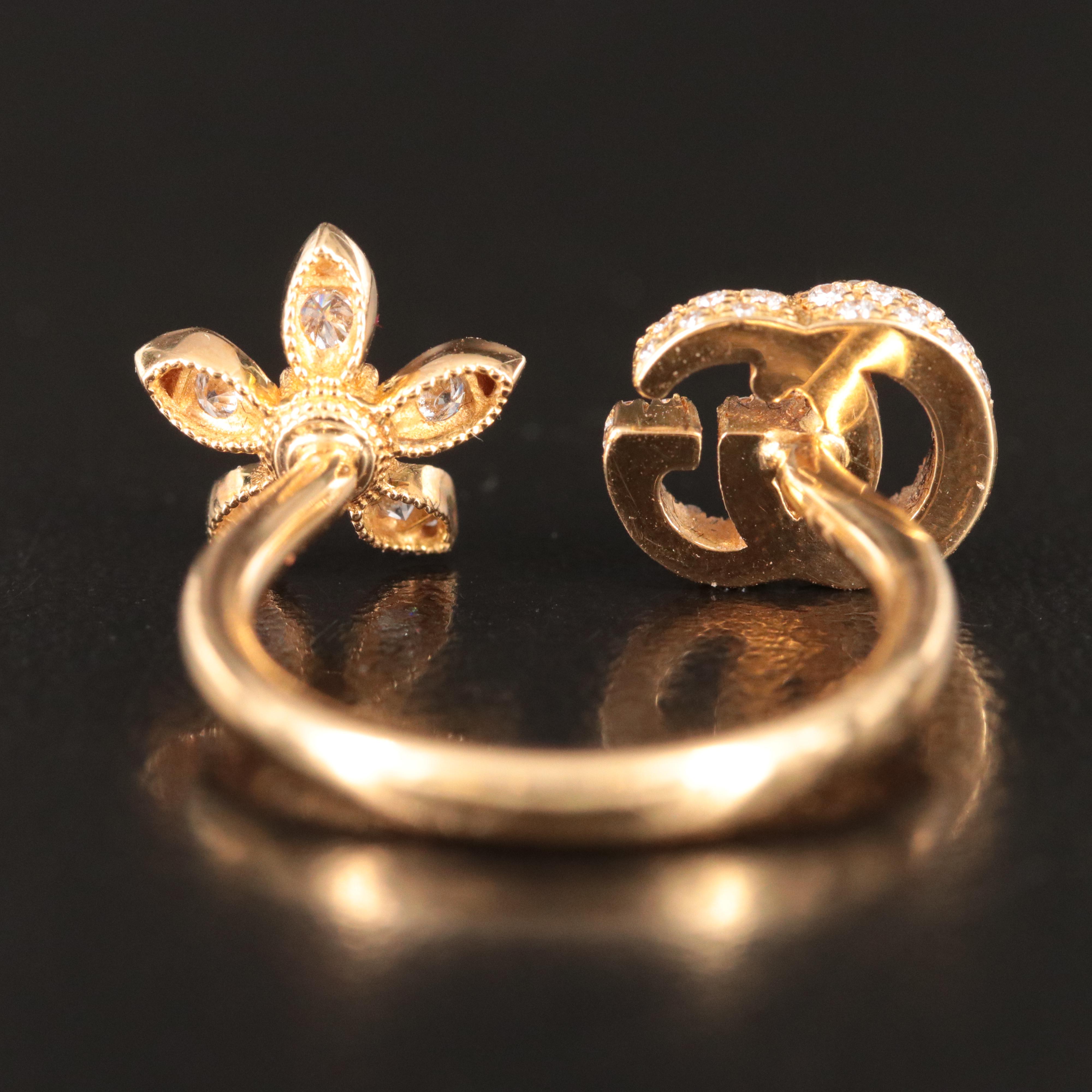 Gucci Flora 18K 0.55 CTW Diamond GG Logo Open Ring