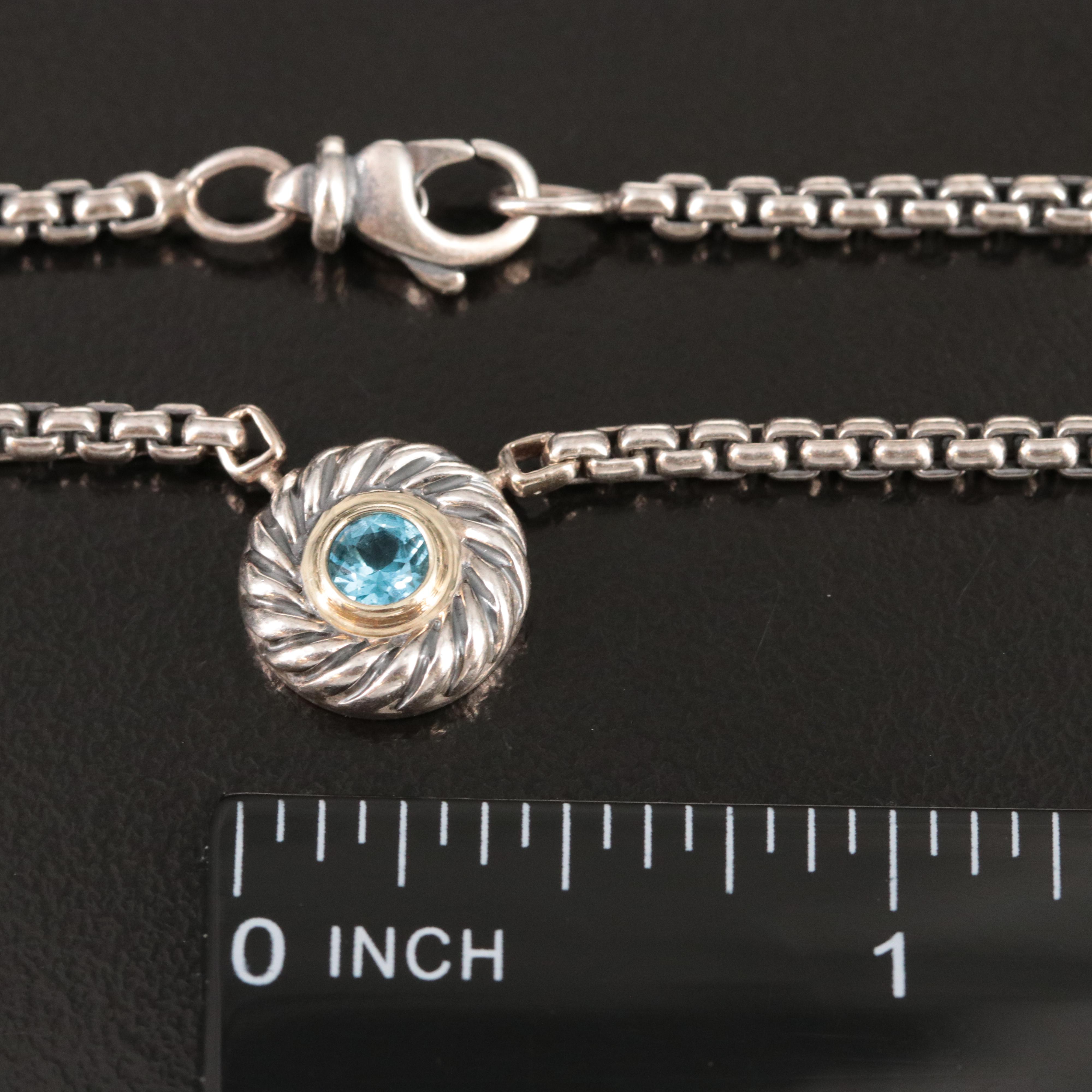David Yurman Cookie Sterling, 14K and Blue Topaz Necklace