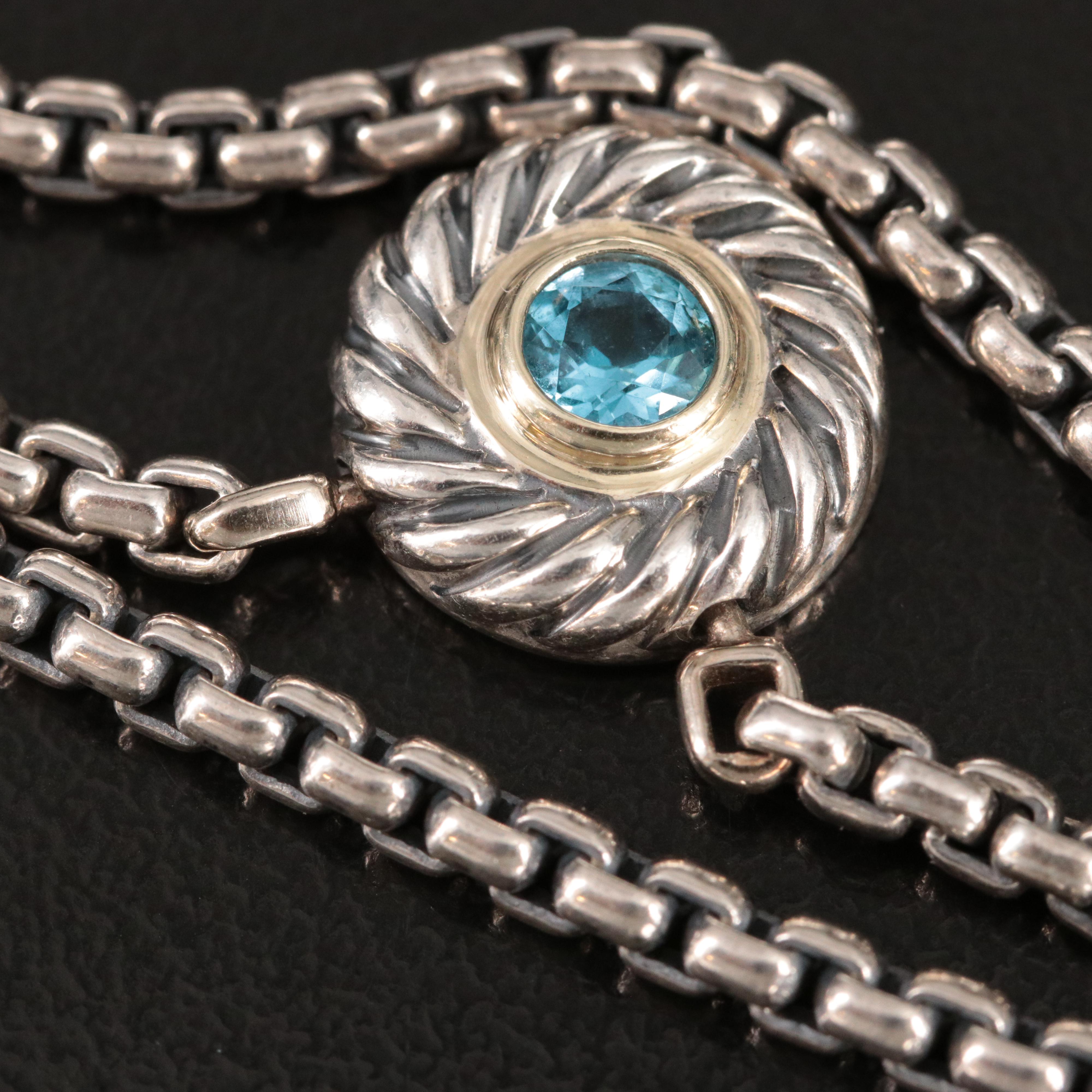 David Yurman Cookie Sterling, 14K and Blue Topaz Necklace