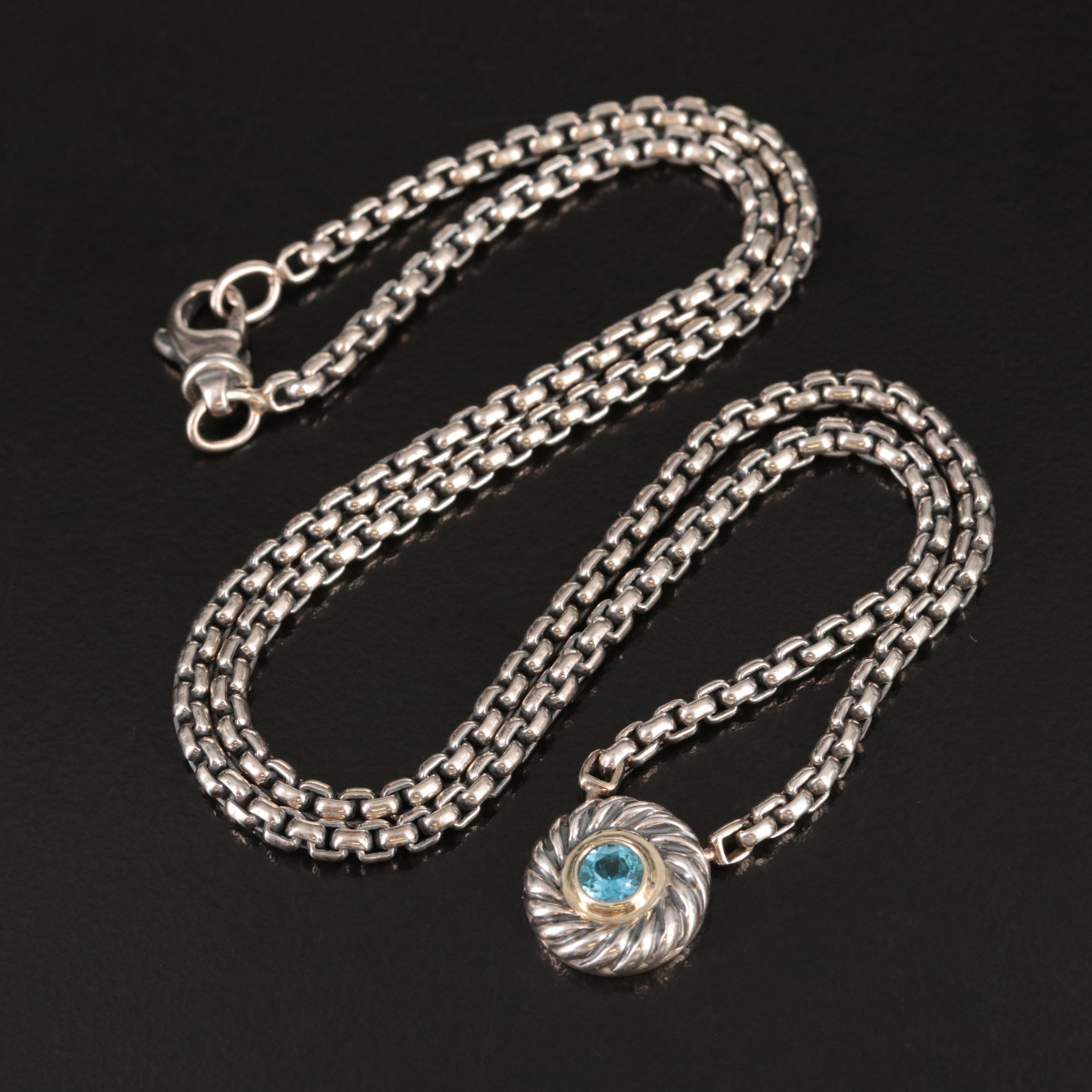 David Yurman Cookie Sterling, 14K and Blue Topaz Necklace