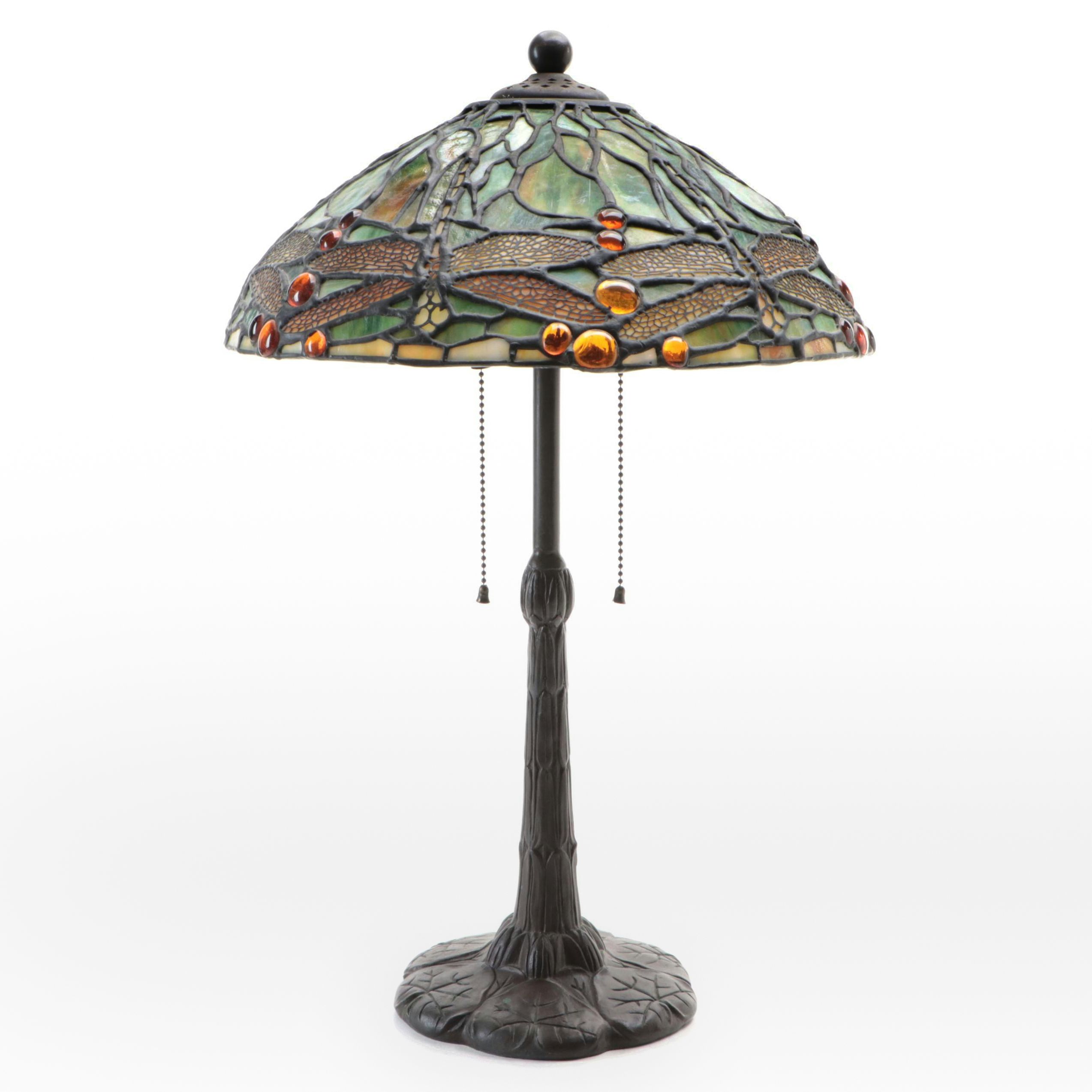 Art Nouveau Slag Glass Dragonflies Table Lamp with Bronzed Metal Base