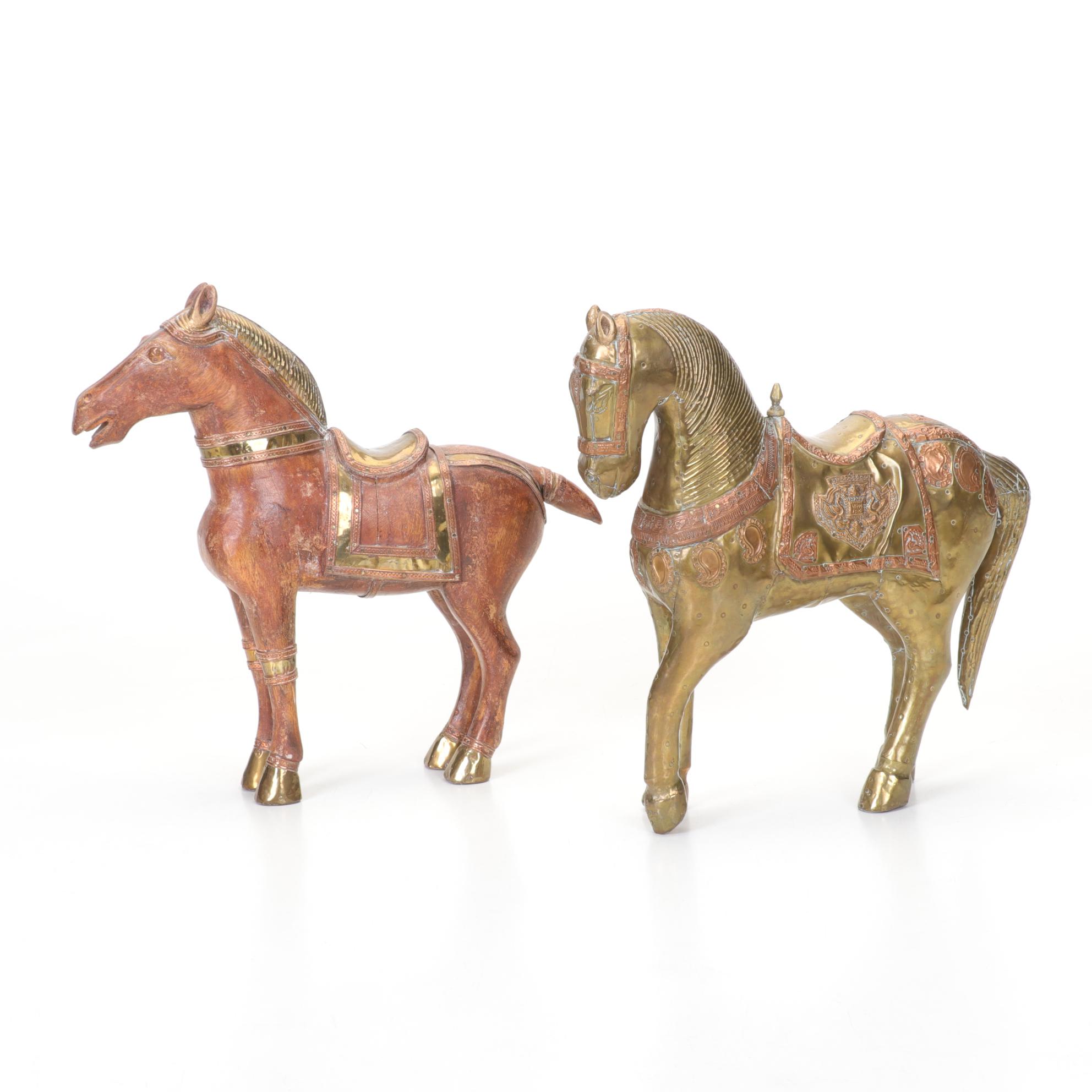 Hand Made Horse Figurines with Brass and Copper Accents