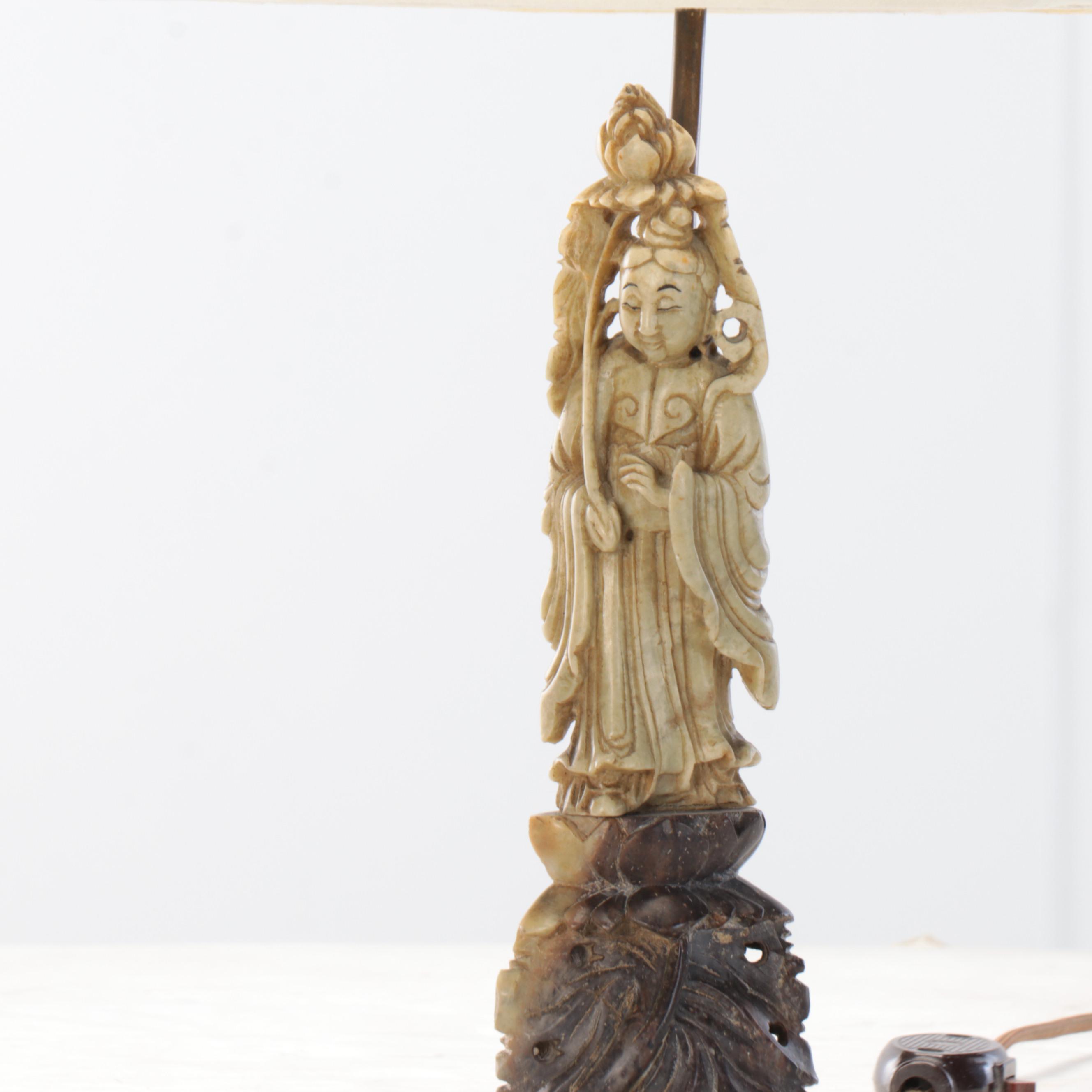 Chinese Carved Soapstone Figurine On Cast Metal Table Lamp
