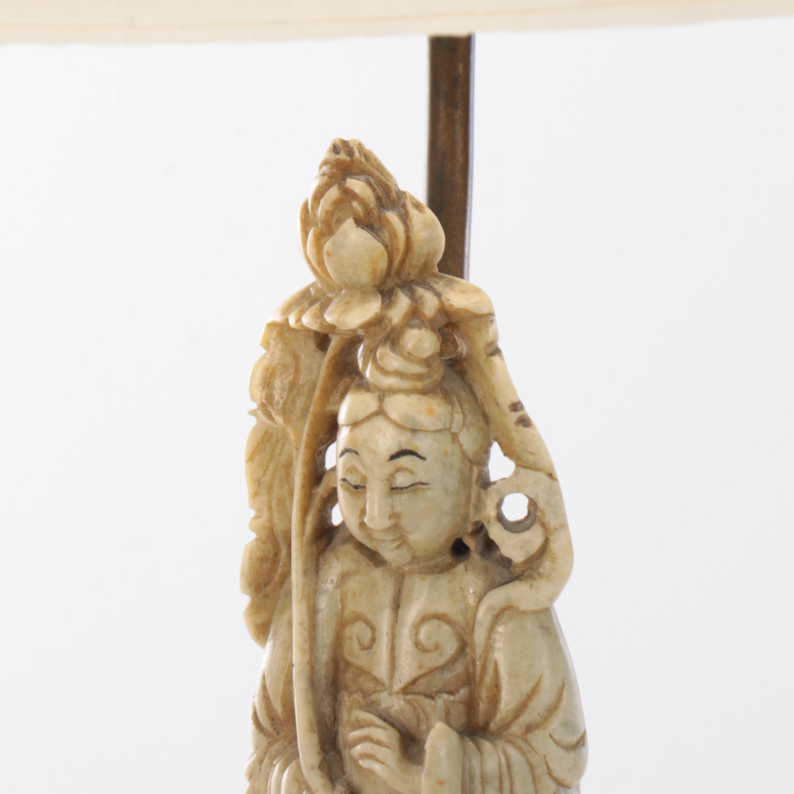 Chinese Carved Soapstone Figurine On Cast Metal Table Lamp