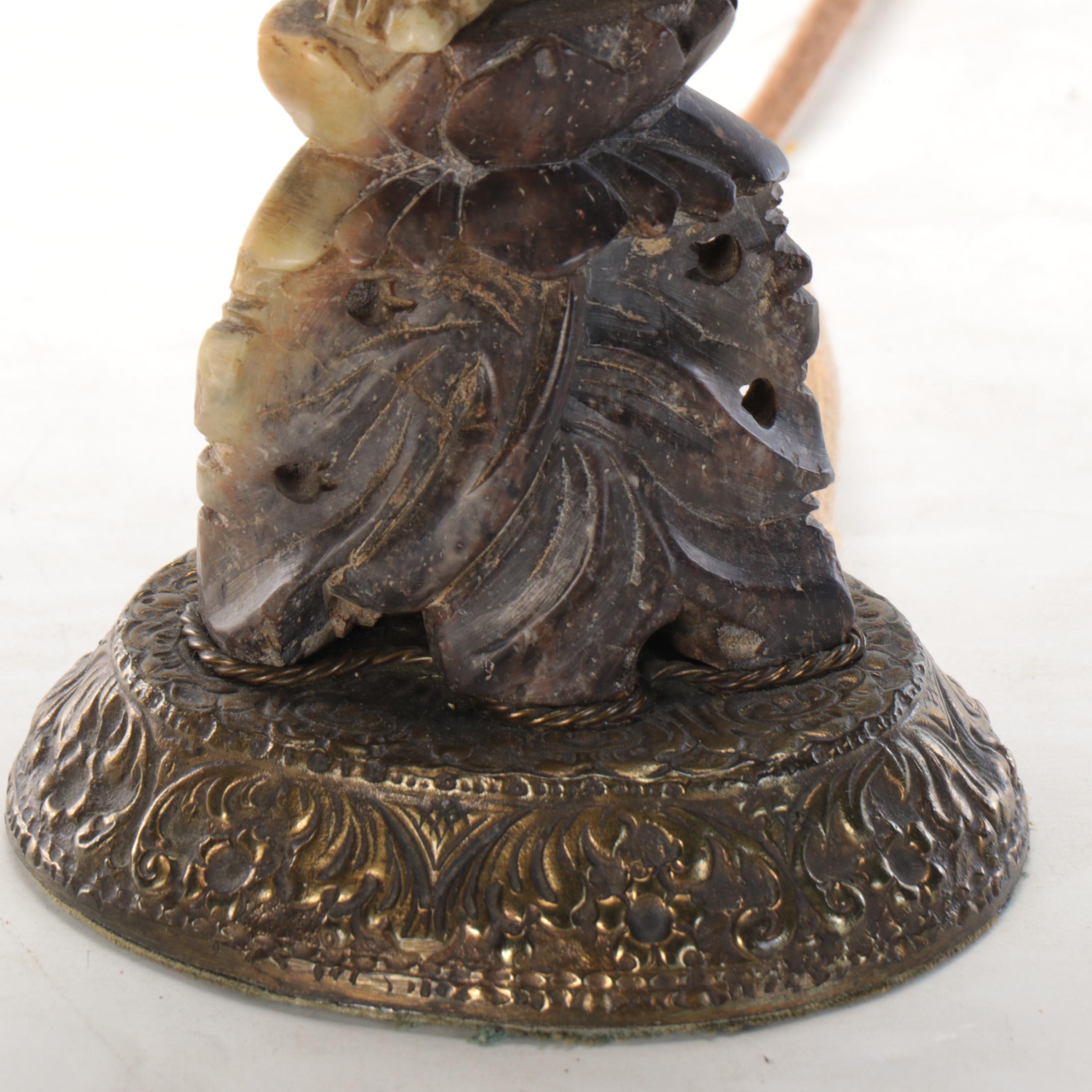 Chinese Carved Soapstone Figurine On Cast Metal Table Lamp