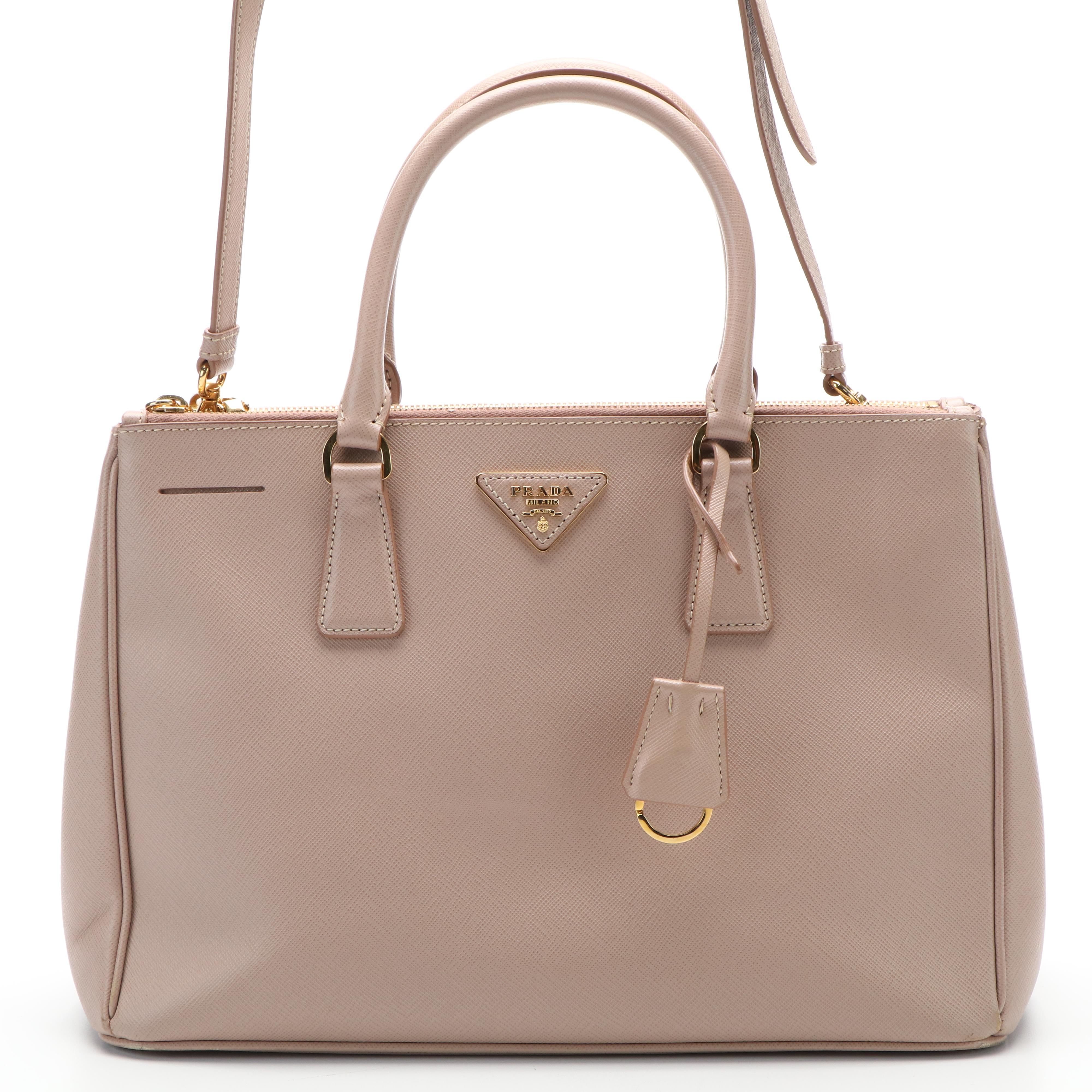 Prada Pale Pink Saffiano Leather Double Zip Tote Bag