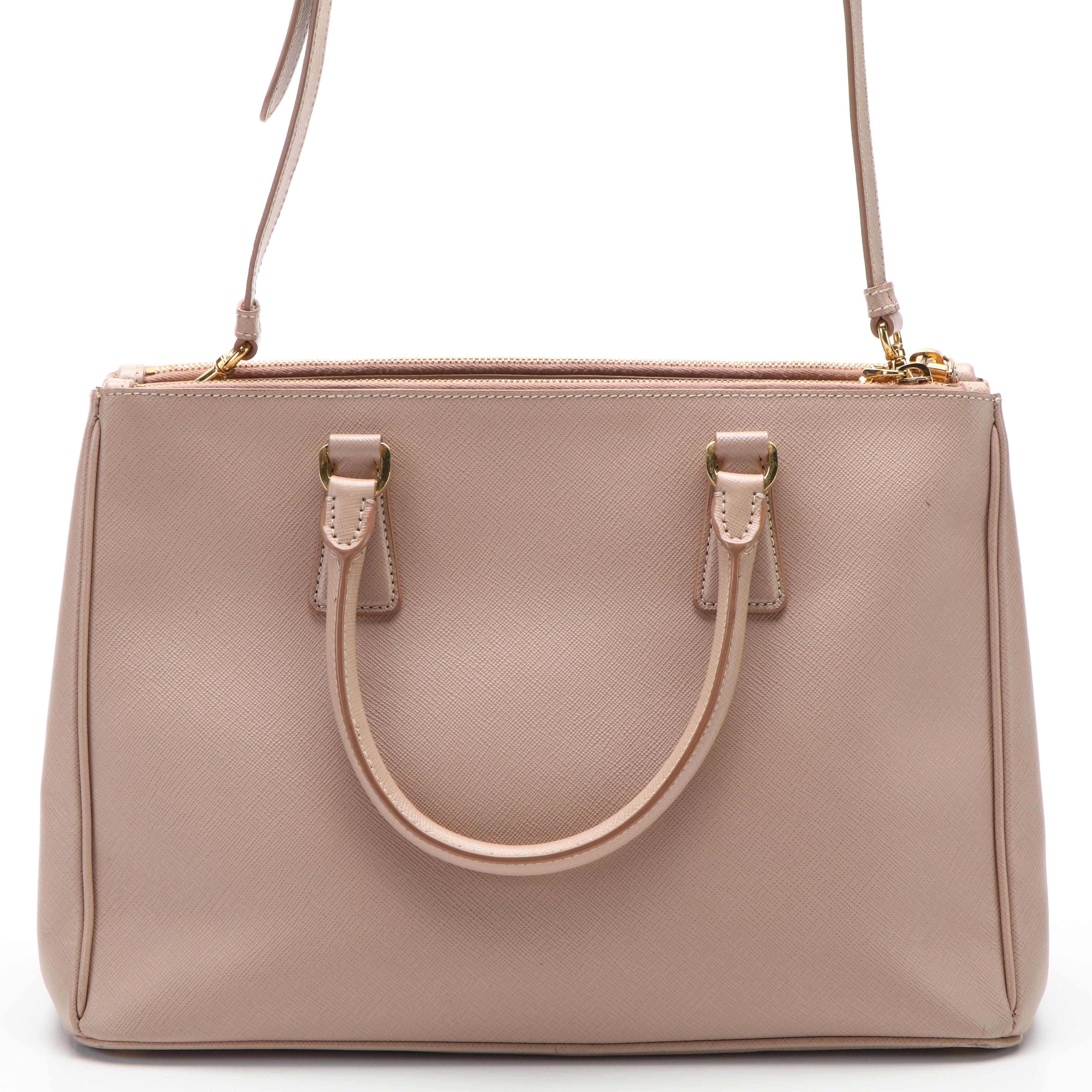 Prada Pale Pink Saffiano Leather Double Zip Tote Bag