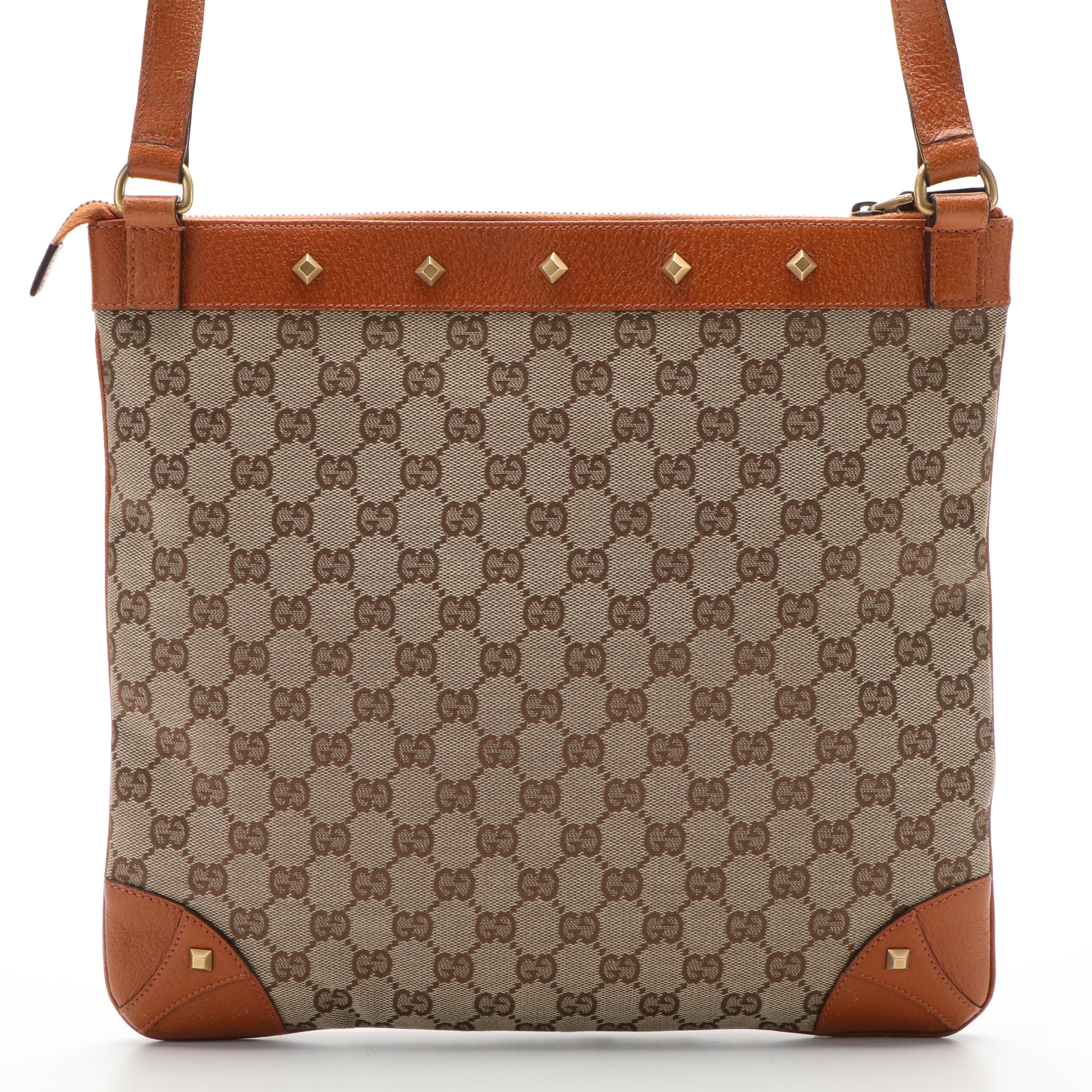 Gucci GG Nailhead Leather Trimmed Canvas Shoulder Bag