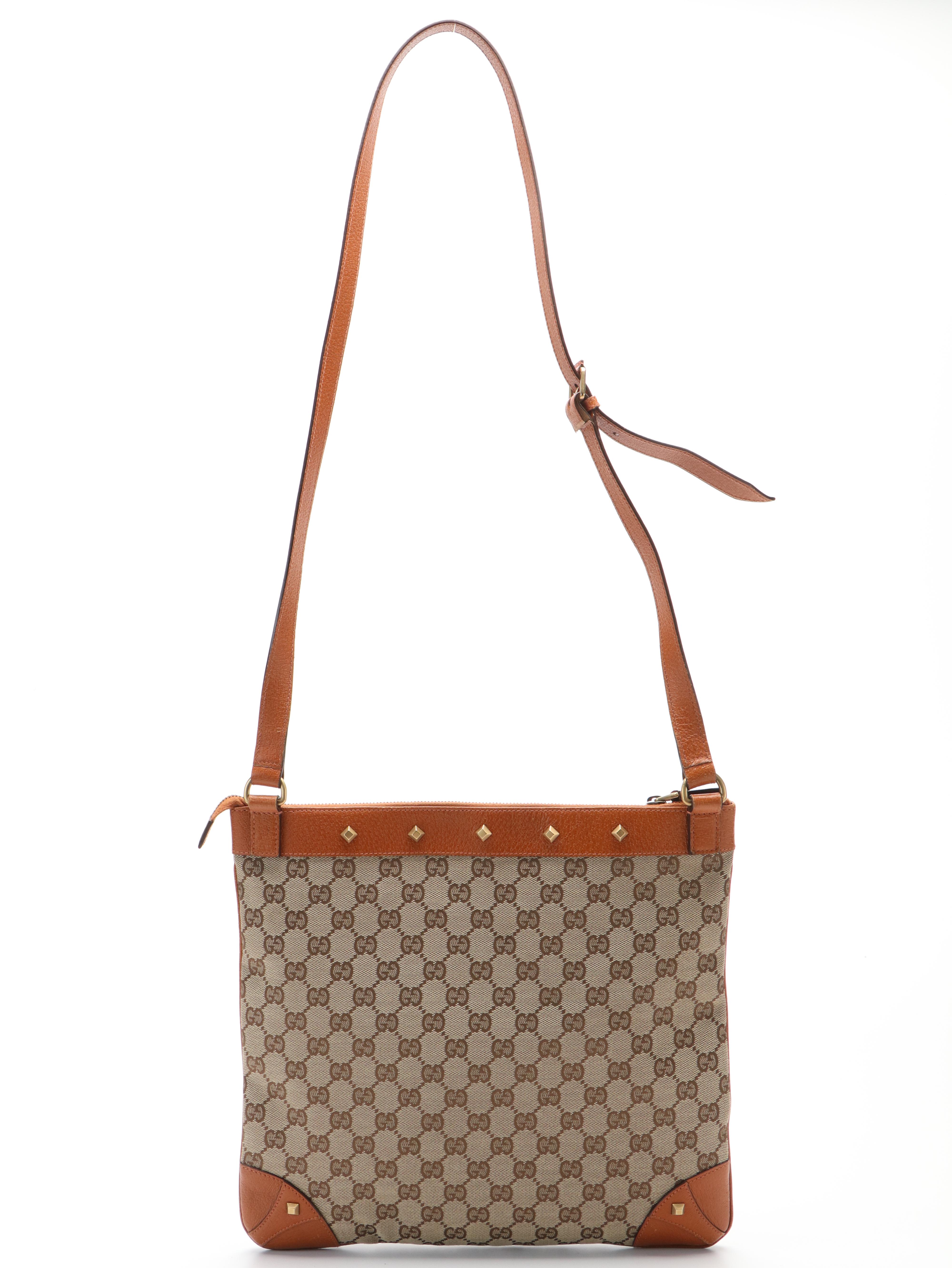 Gucci GG Nailhead Leather Trimmed Canvas Shoulder Bag