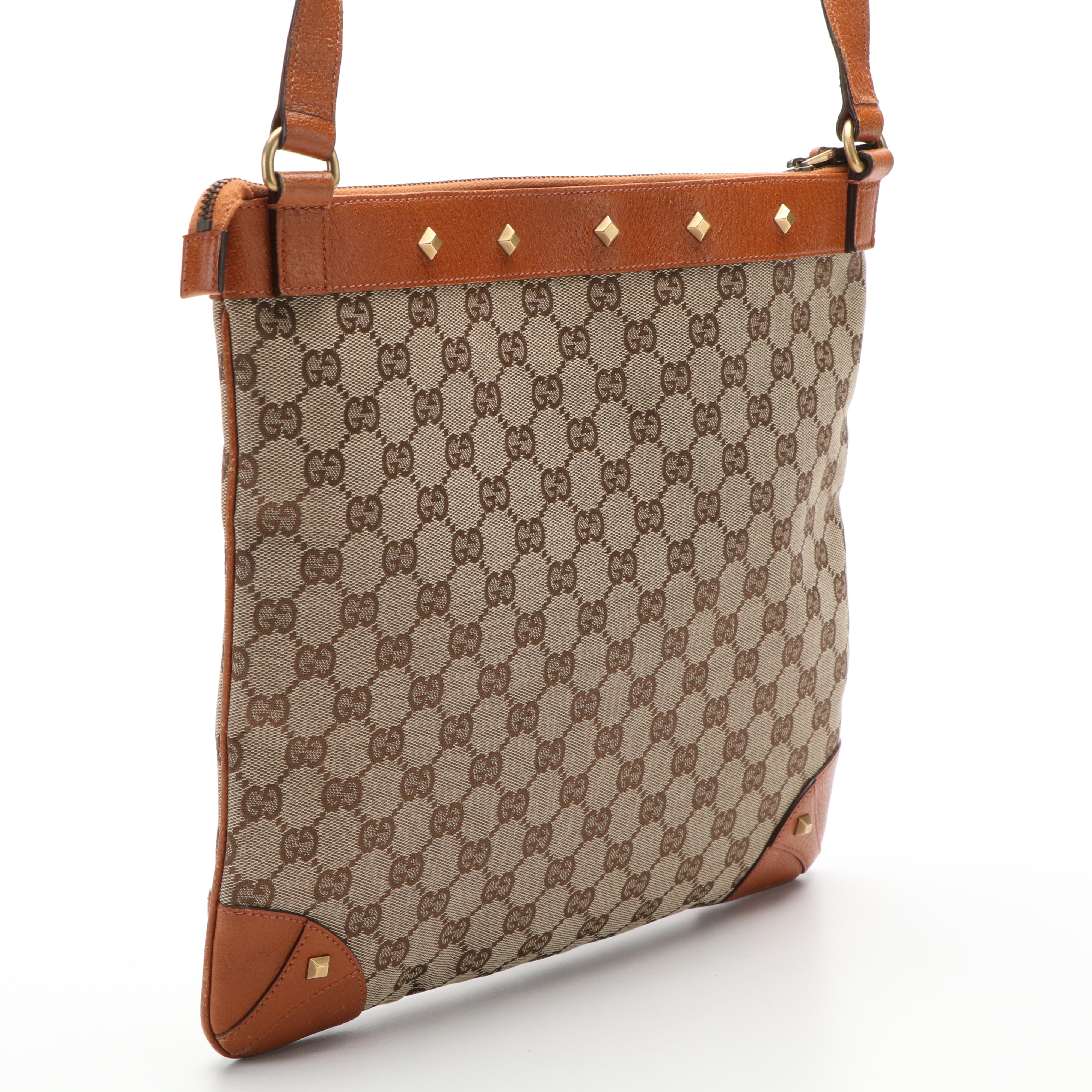 Gucci GG Nailhead Leather Trimmed Canvas Shoulder Bag