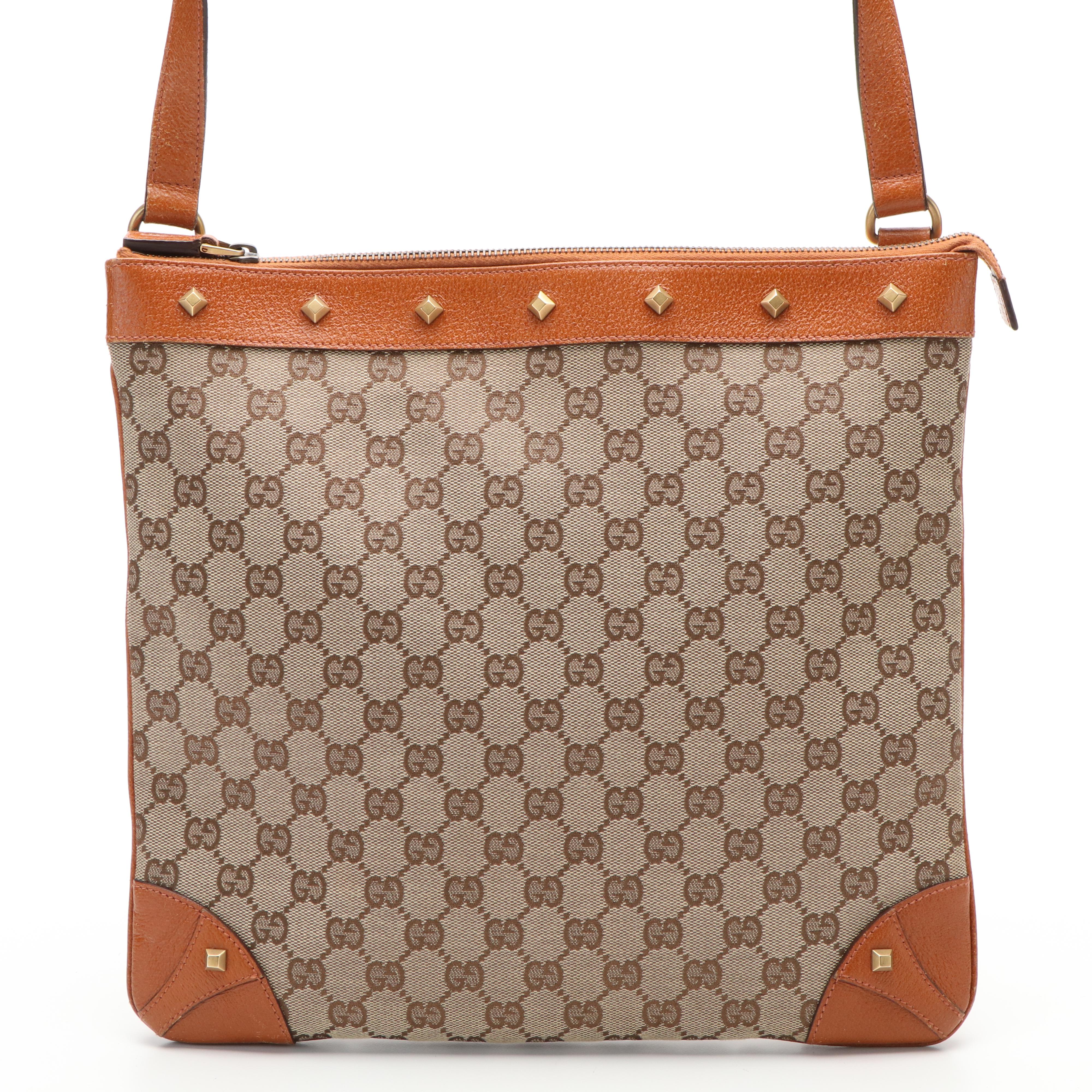 Gucci GG Nailhead Leather Trimmed Canvas Shoulder Bag