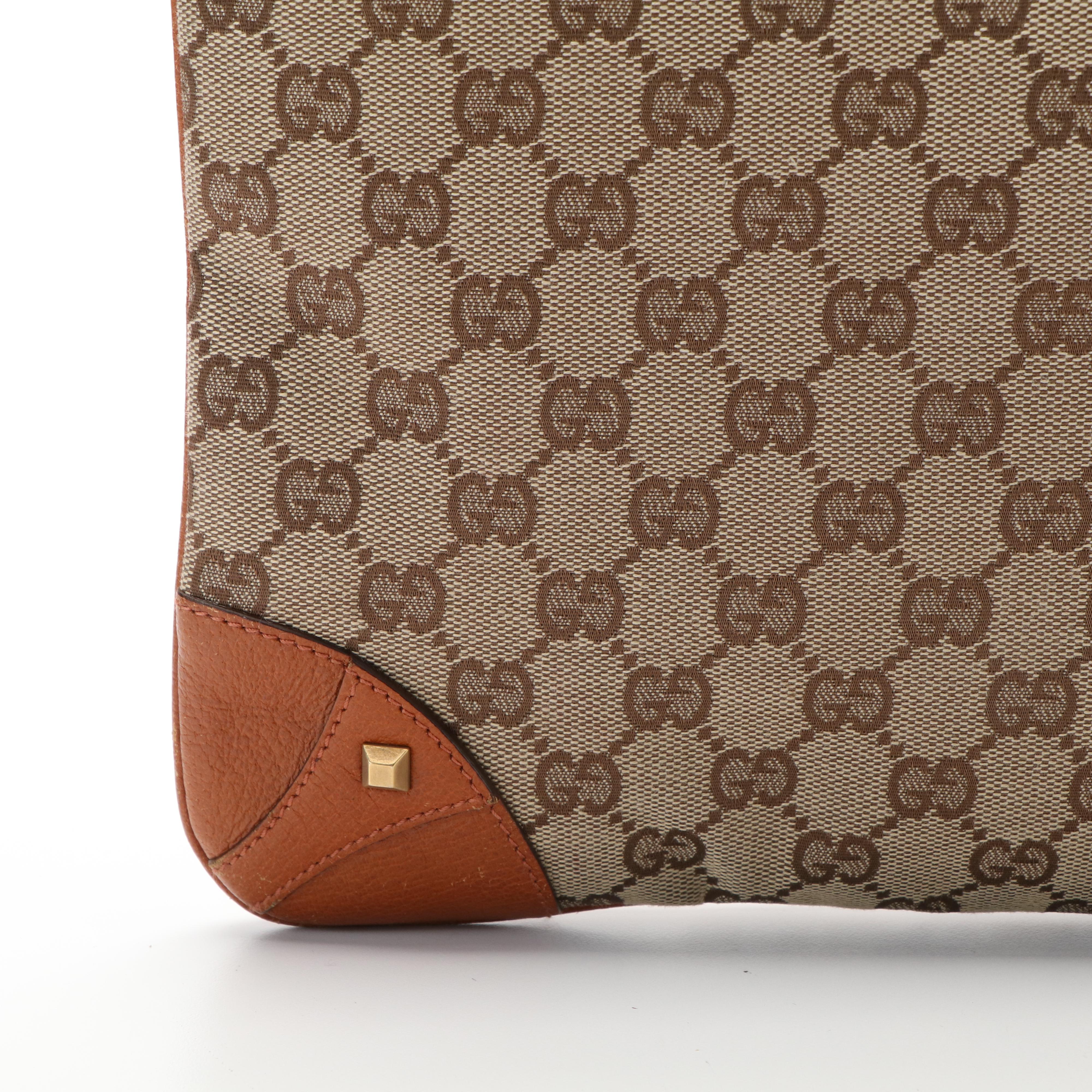 Gucci GG Nailhead Leather Trimmed Canvas Shoulder Bag