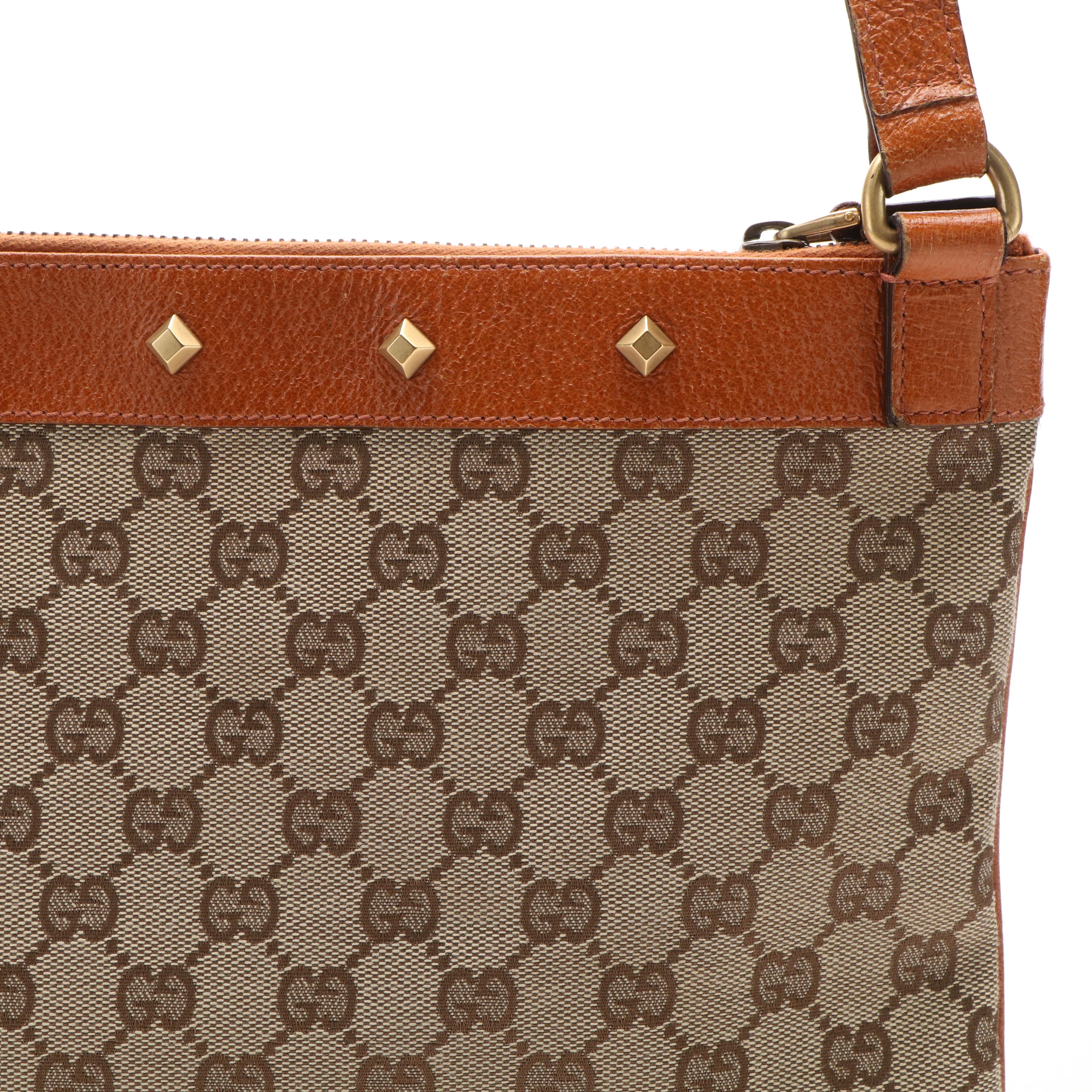 Gucci GG Nailhead Leather Trimmed Canvas Shoulder Bag