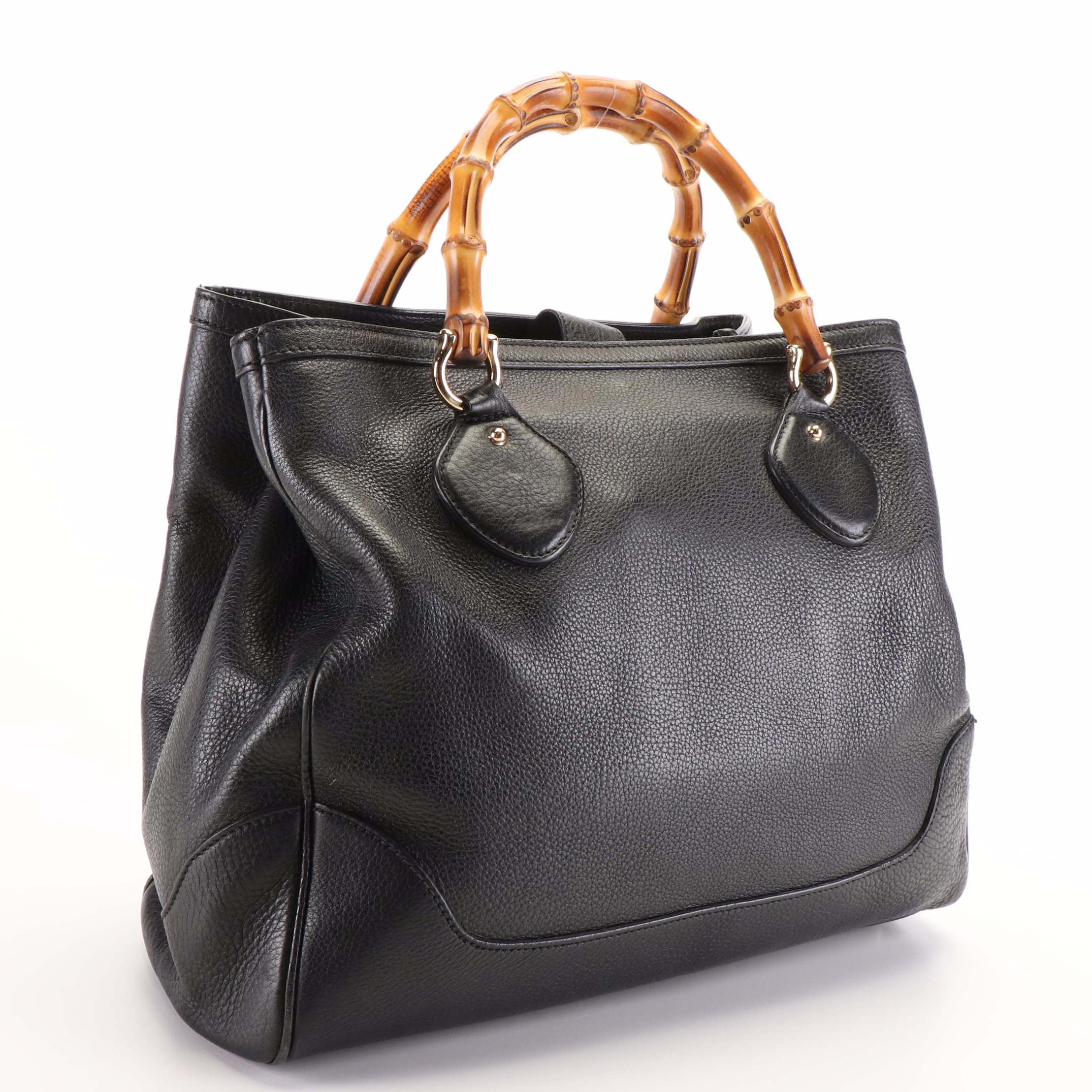 Gucci Diana Bamboo Top Handle Tote Bag  in Black Pebbled Leather