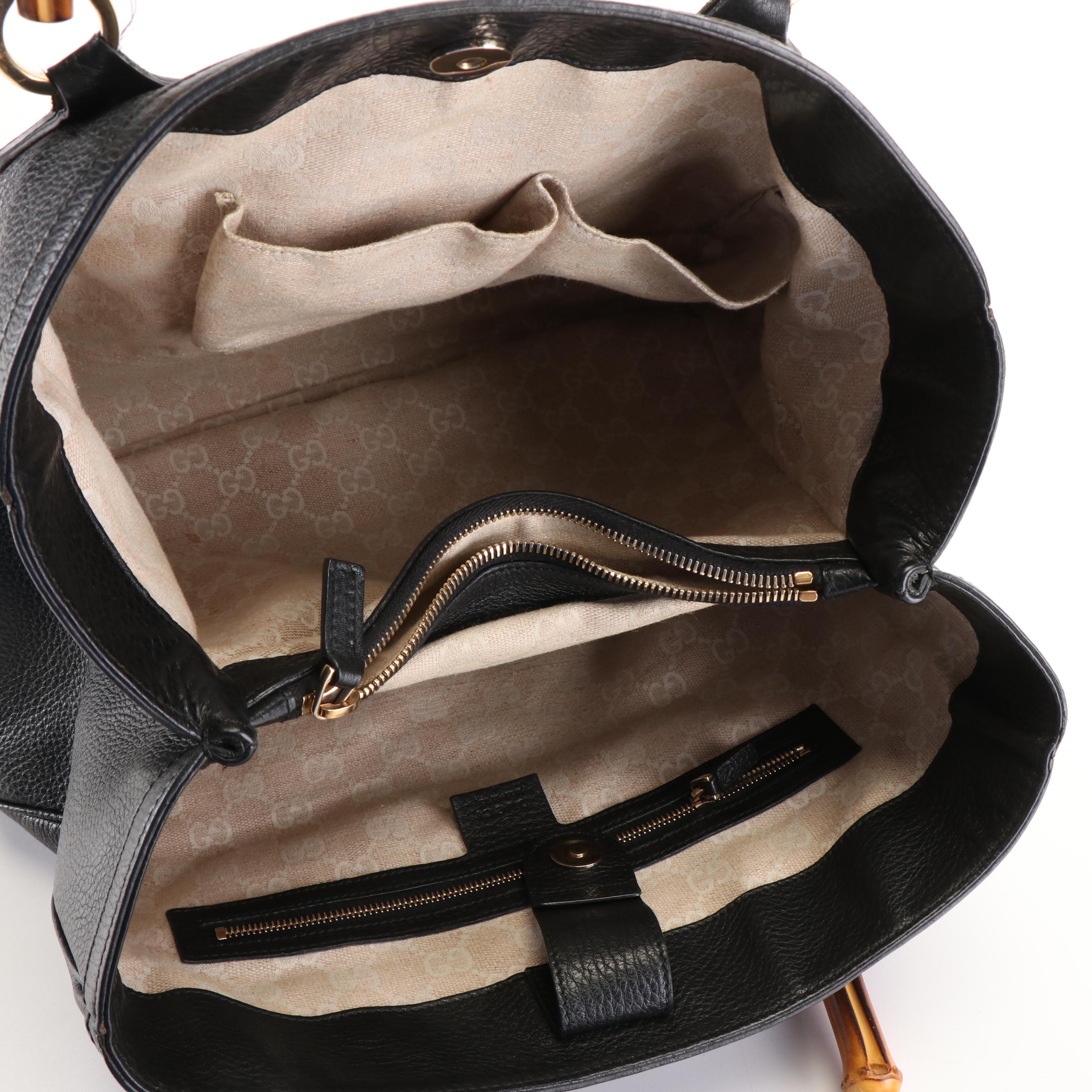 Gucci Diana Bamboo Top Handle Tote Bag  in Black Pebbled Leather