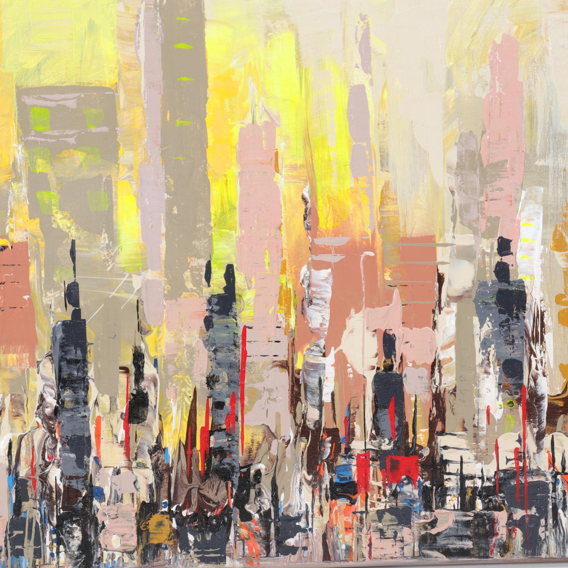 Farshad Lanjani Abstract Cityscape Acrylic Painting, 21st Century