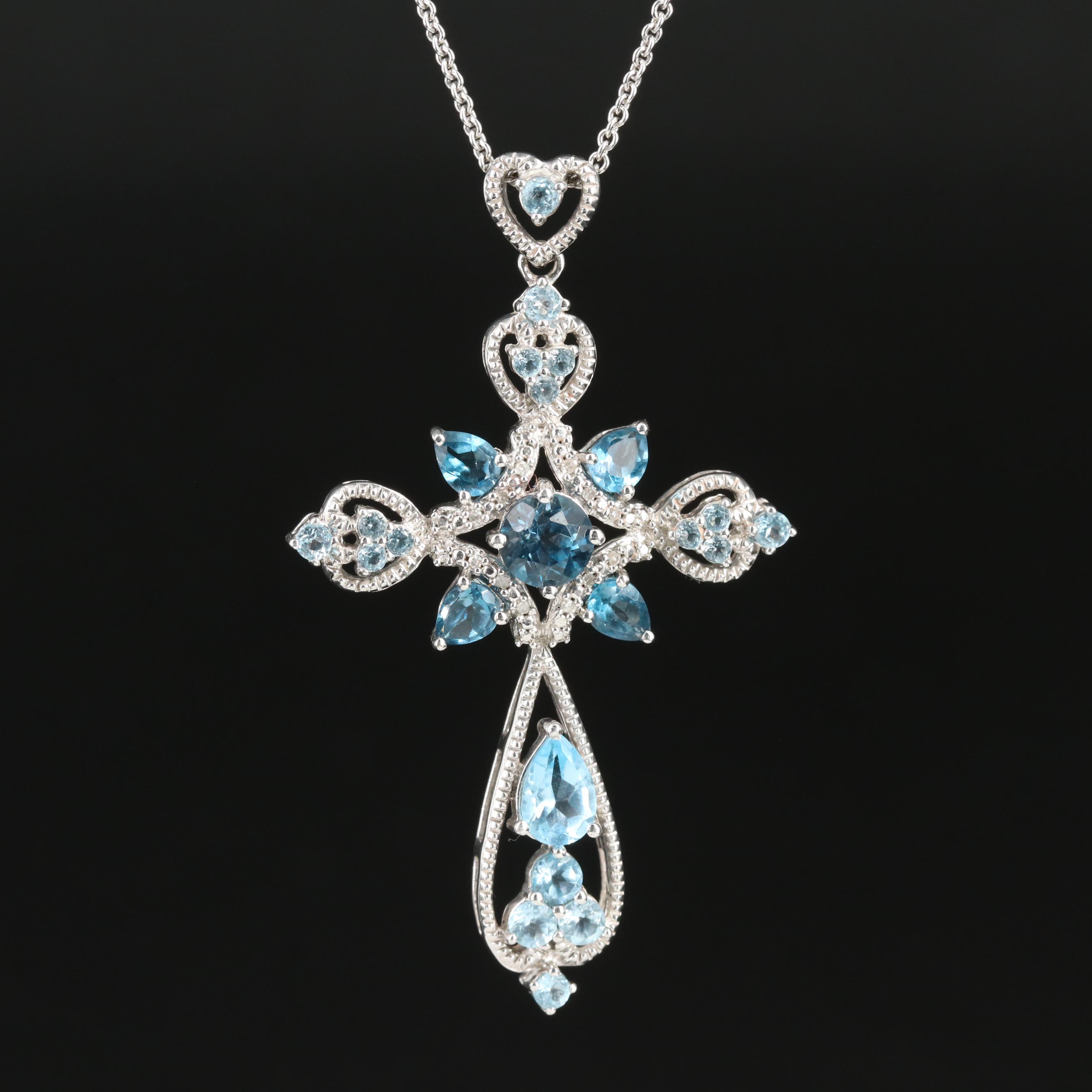 Sterling Sky, Swiss and London Blue Topazes, Diamond Cross Pendant Necklace