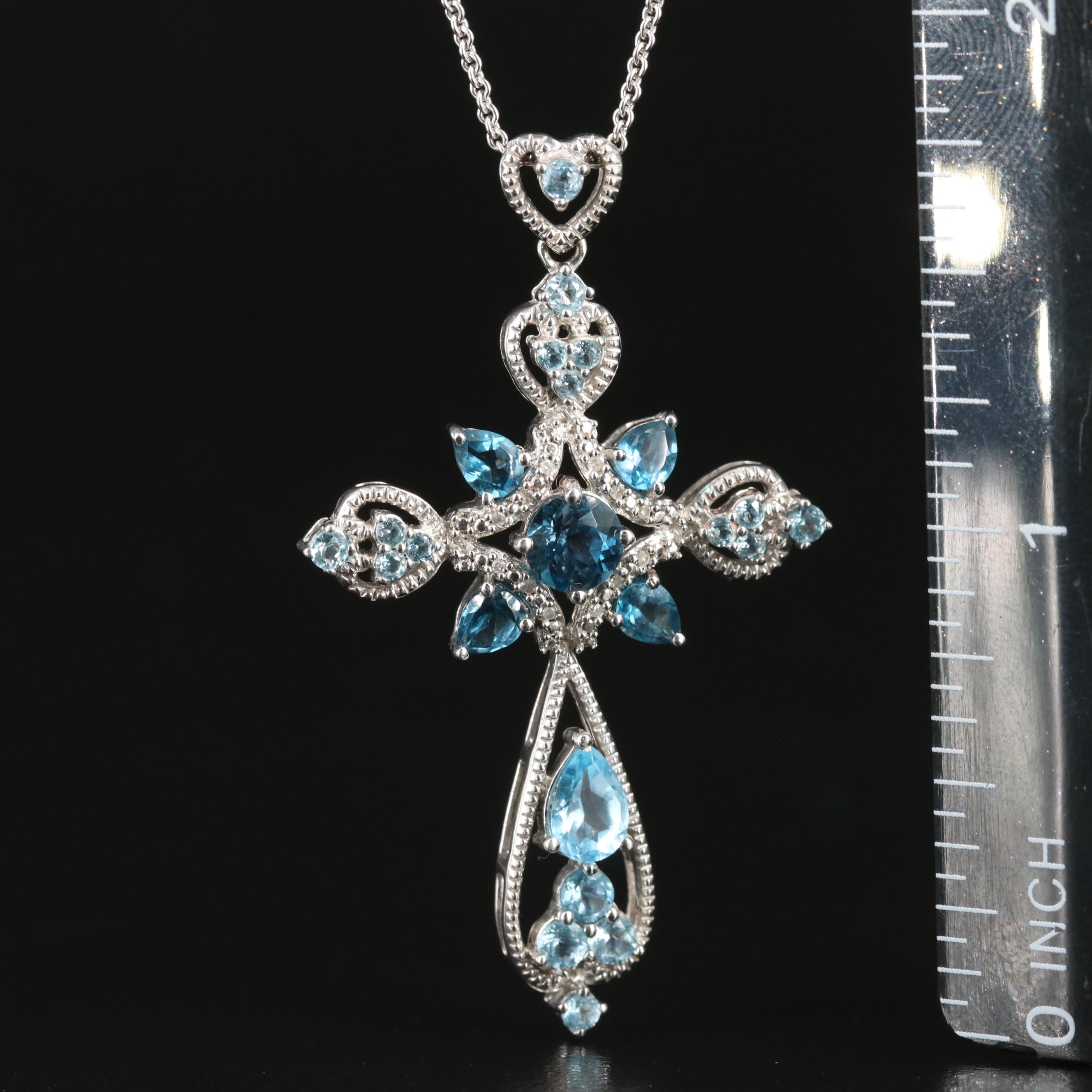 Sterling Sky, Swiss and London Blue Topazes, Diamond Cross Pendant Necklace