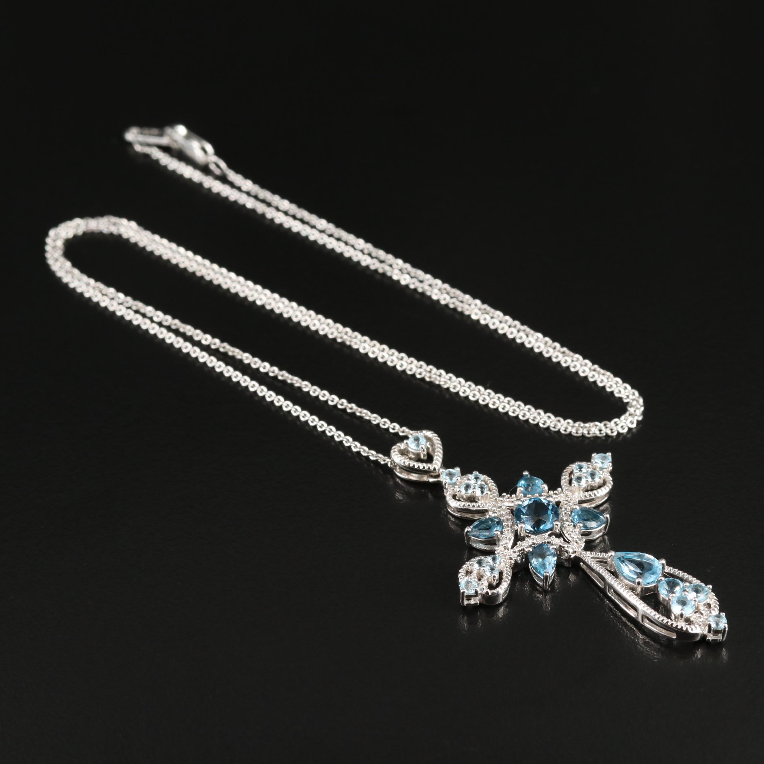 Sterling Sky, Swiss and London Blue Topazes, Diamond Cross Pendant Necklace