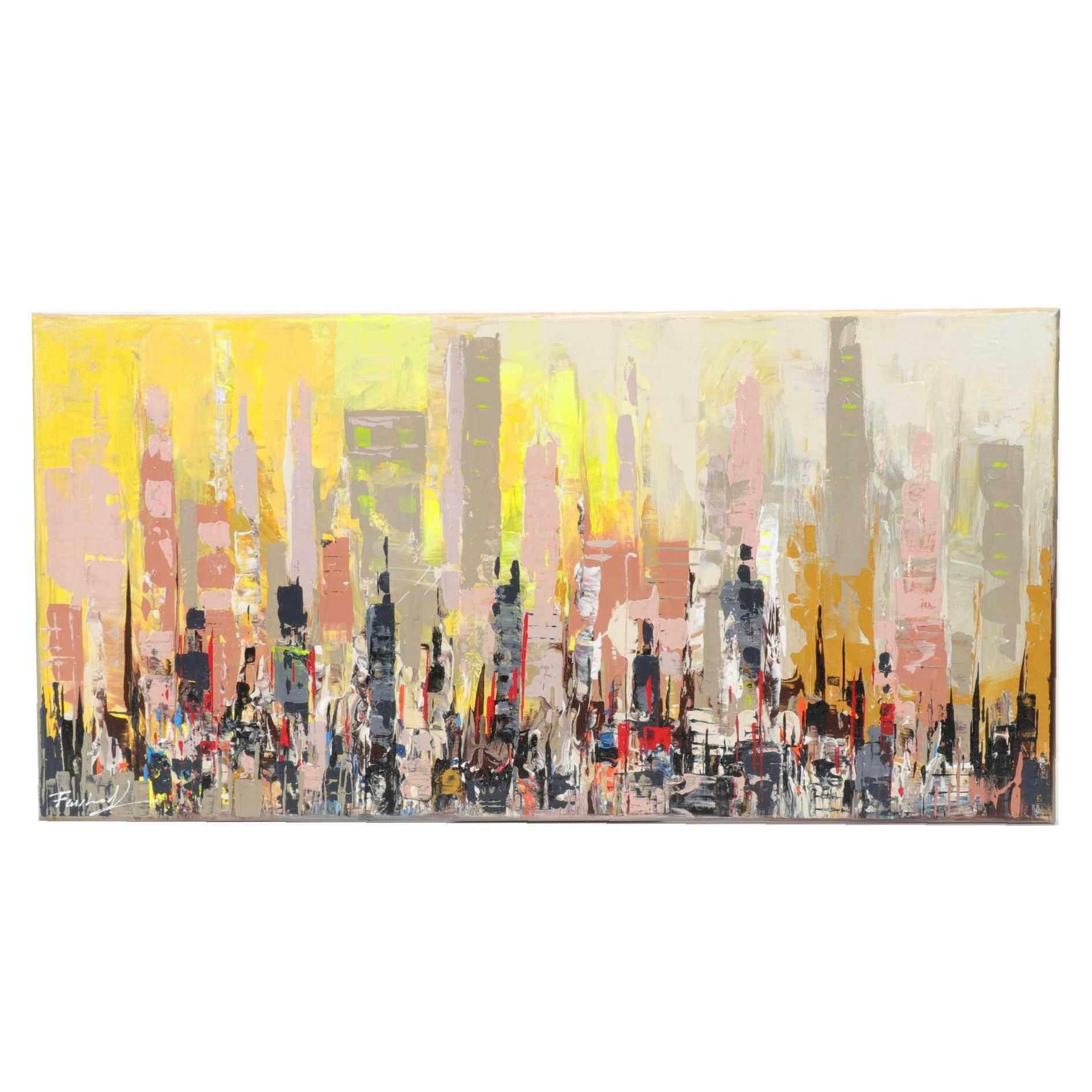 Farshad Lanjani Abstract Cityscape Acrylic Painting, 21st Century