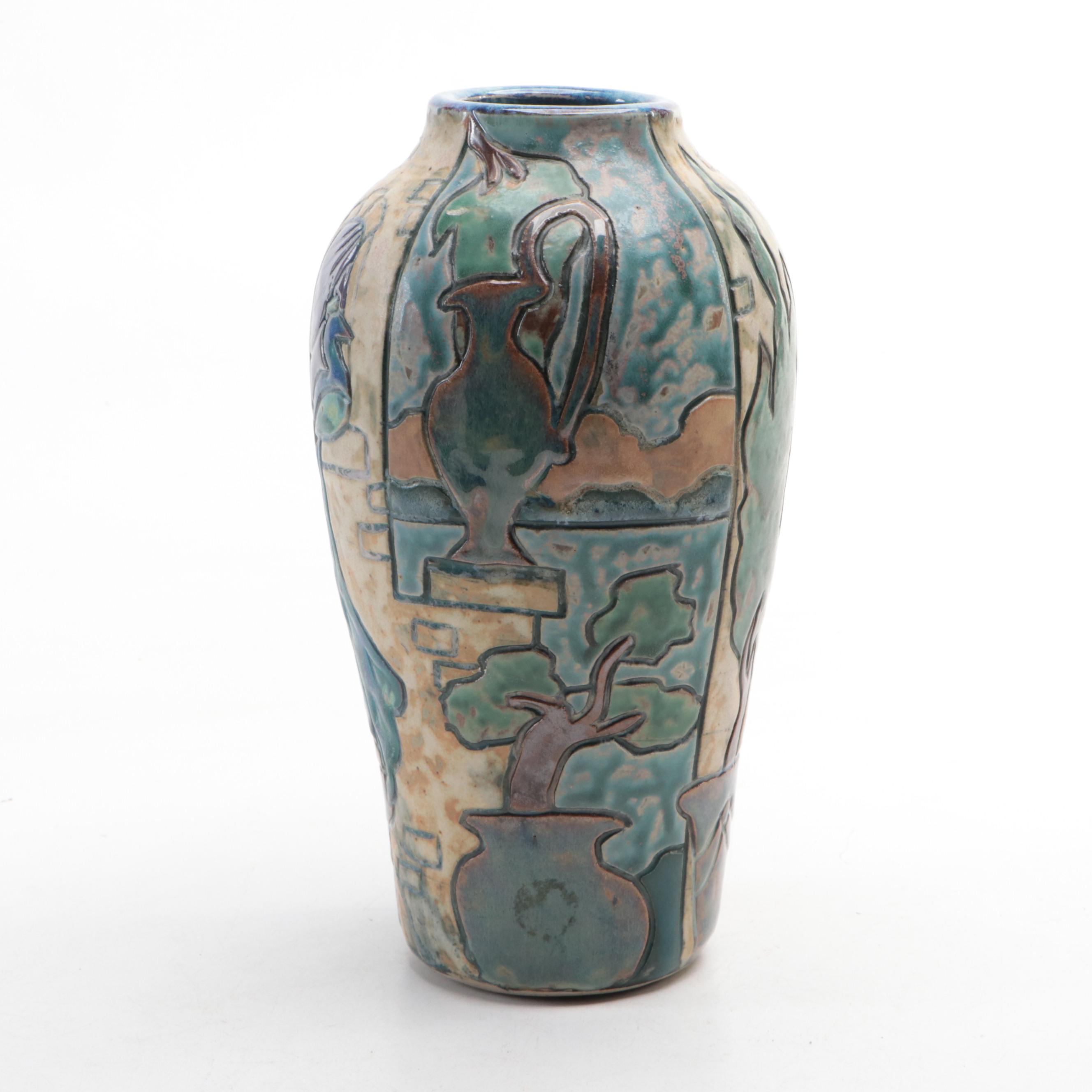 Florida Faience Handcrafted and Carved Earthenware Vase, 2004