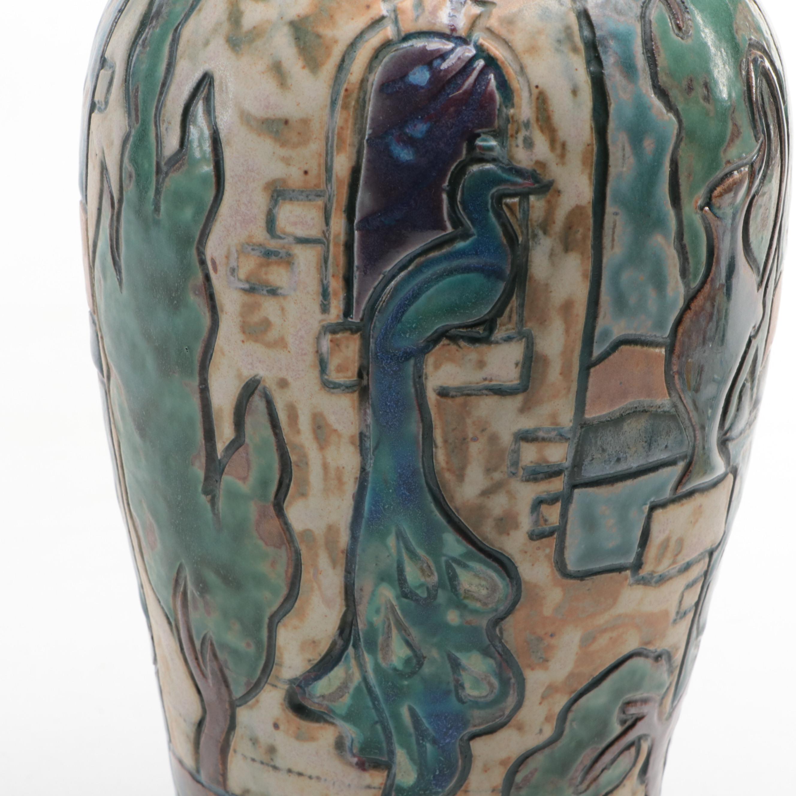 Florida Faience Handcrafted and Carved Earthenware Vase, 2004