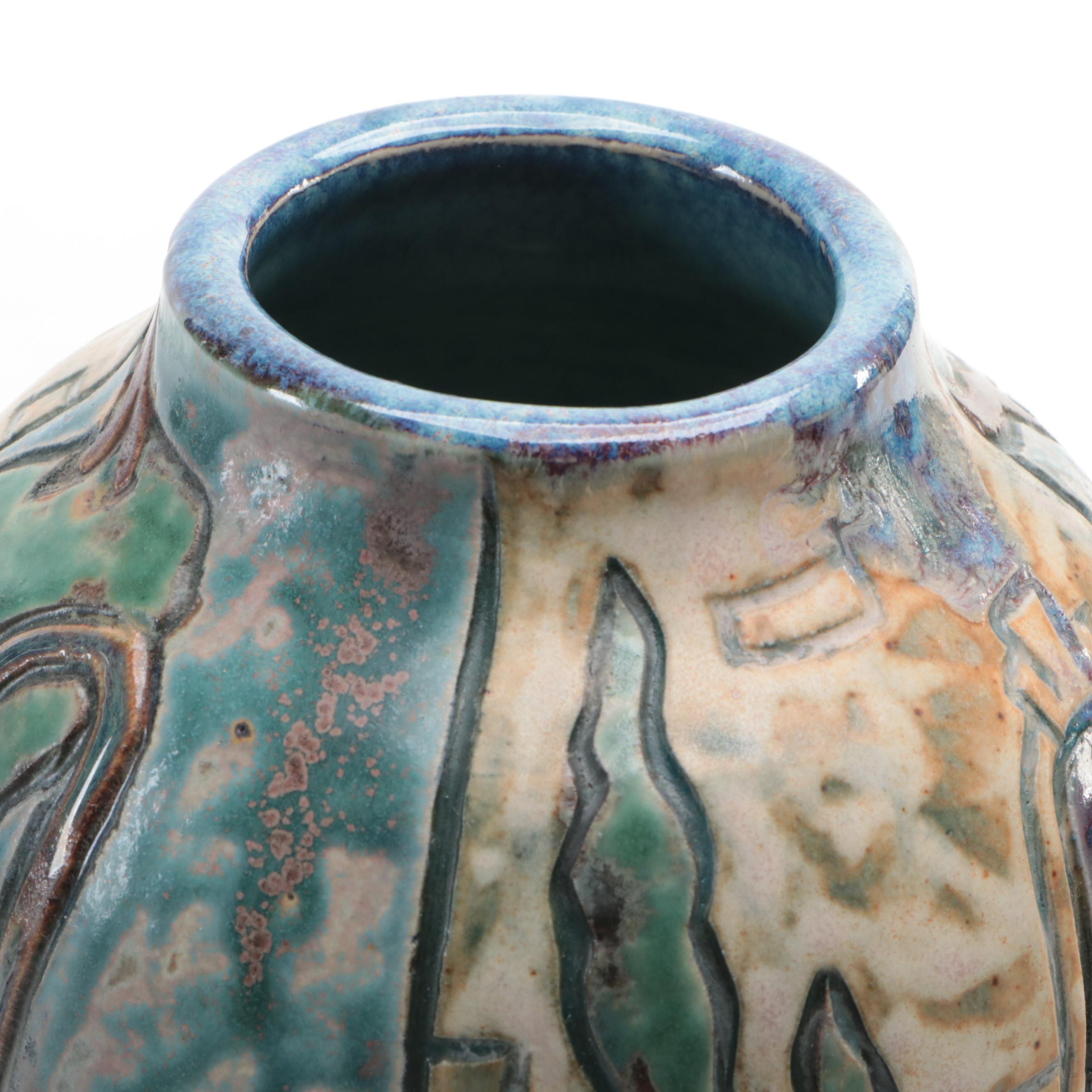 Florida Faience Handcrafted and Carved Earthenware Vase, 2004