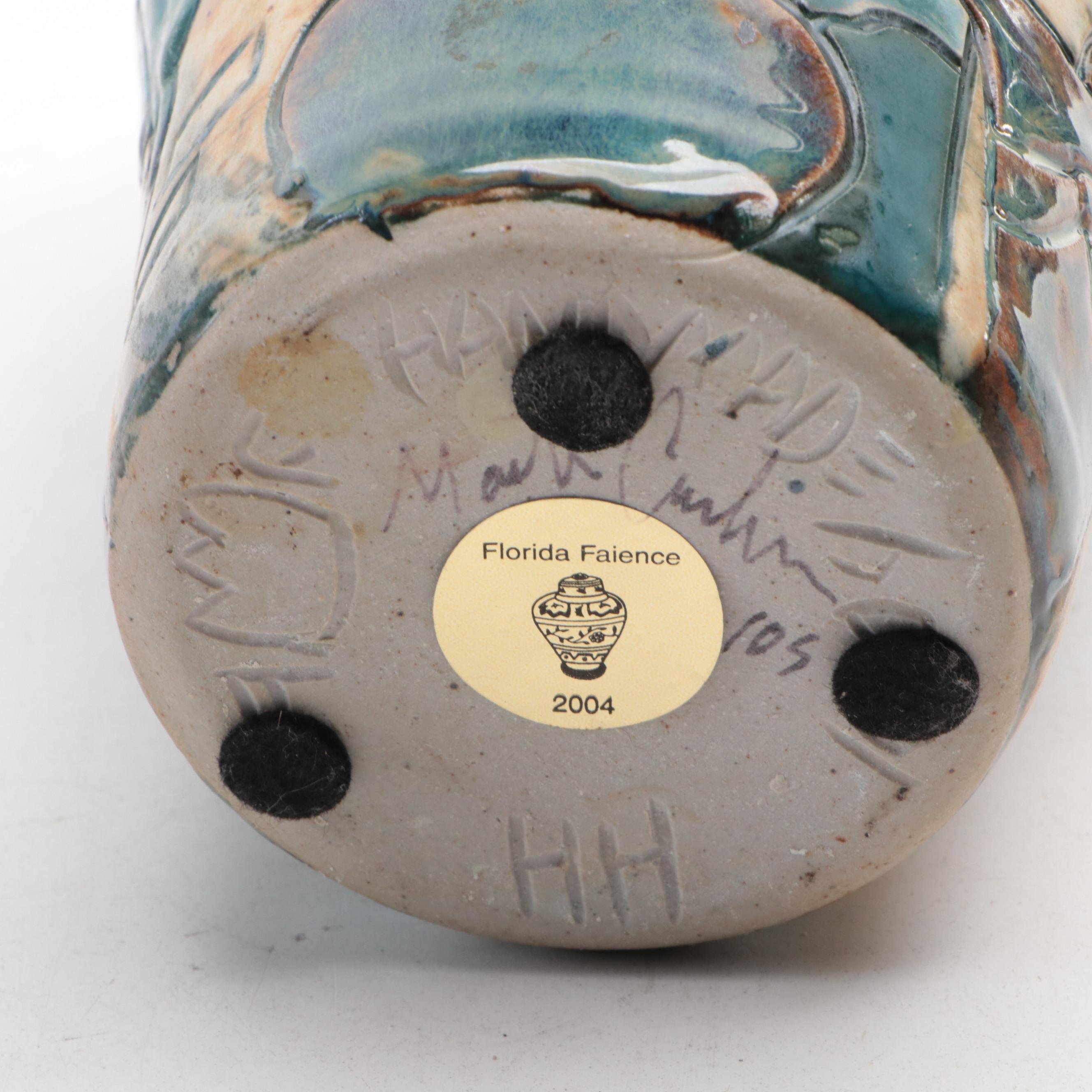 Florida Faience Handcrafted and Carved Earthenware Vase, 2004