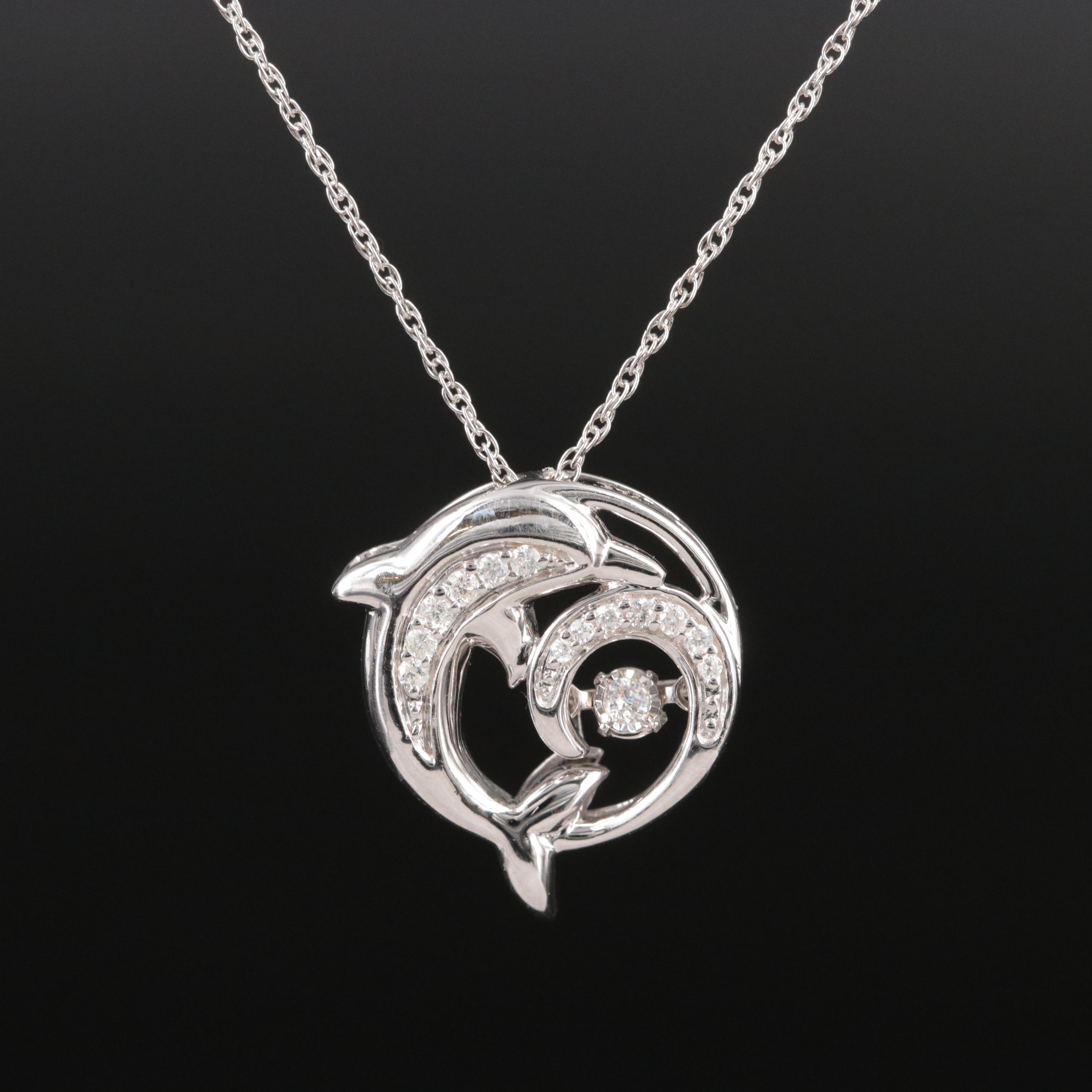 Sterling Diamond Dolphin Wave Pendant Necklace