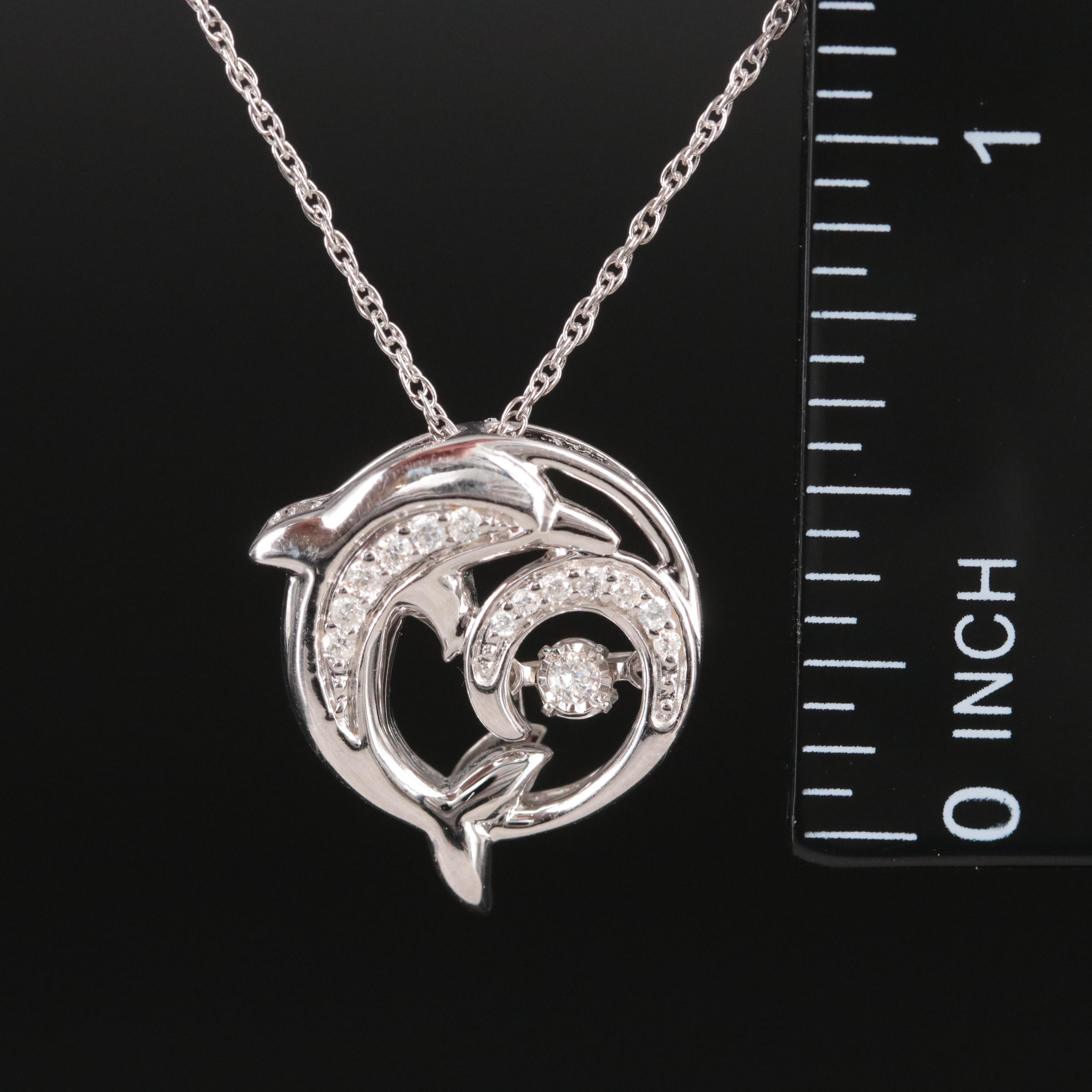 Sterling Diamond Dolphin Wave Pendant Necklace