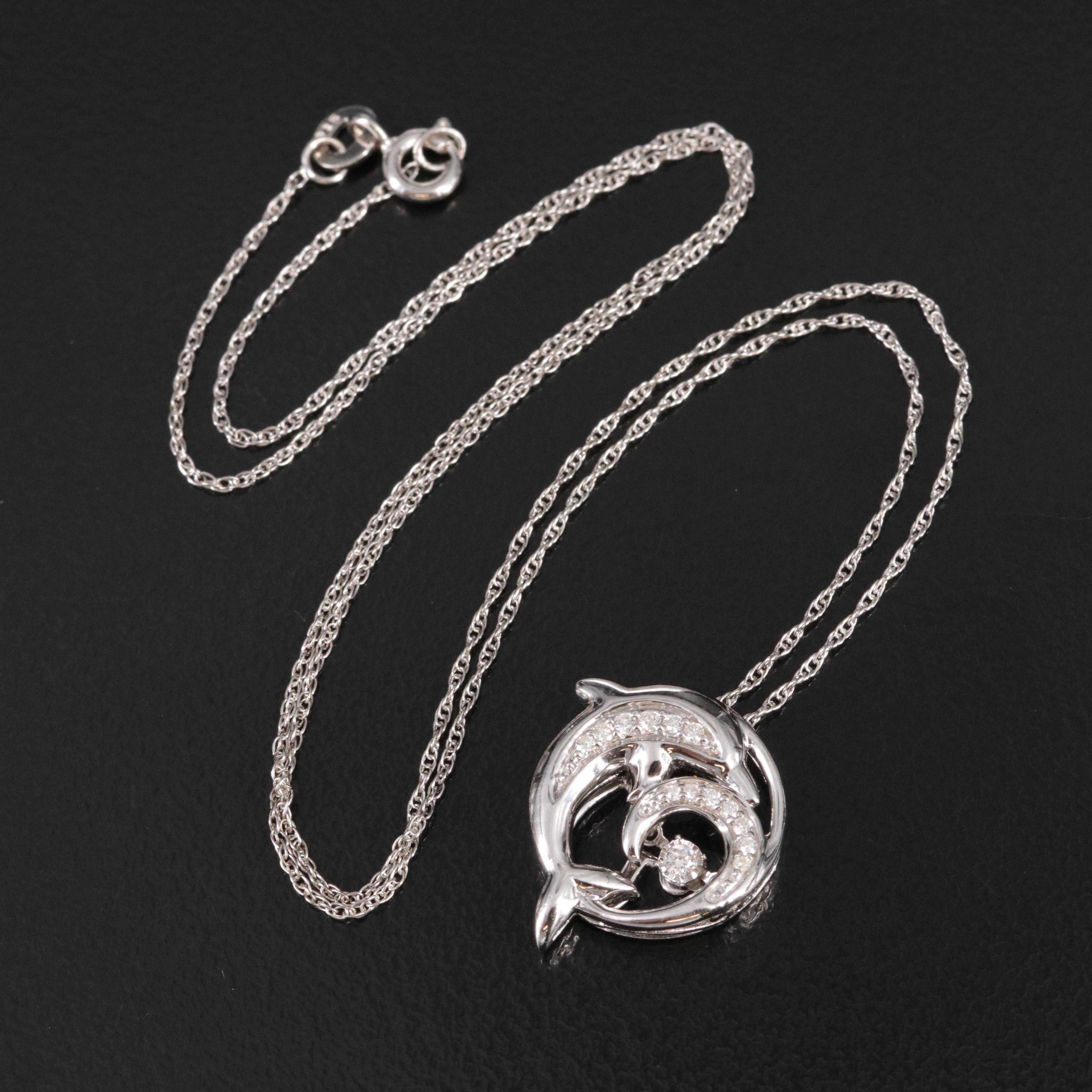 Sterling Diamond Dolphin Wave Pendant Necklace