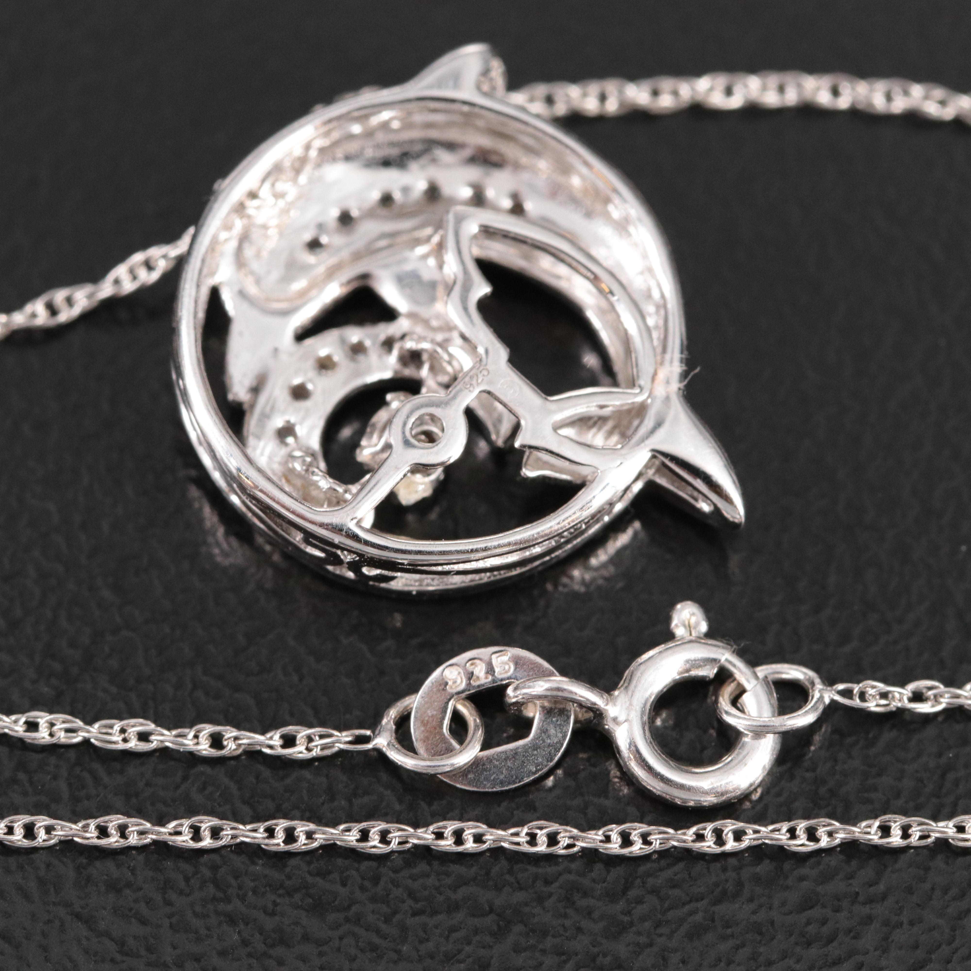 Sterling Diamond Dolphin Wave Pendant Necklace