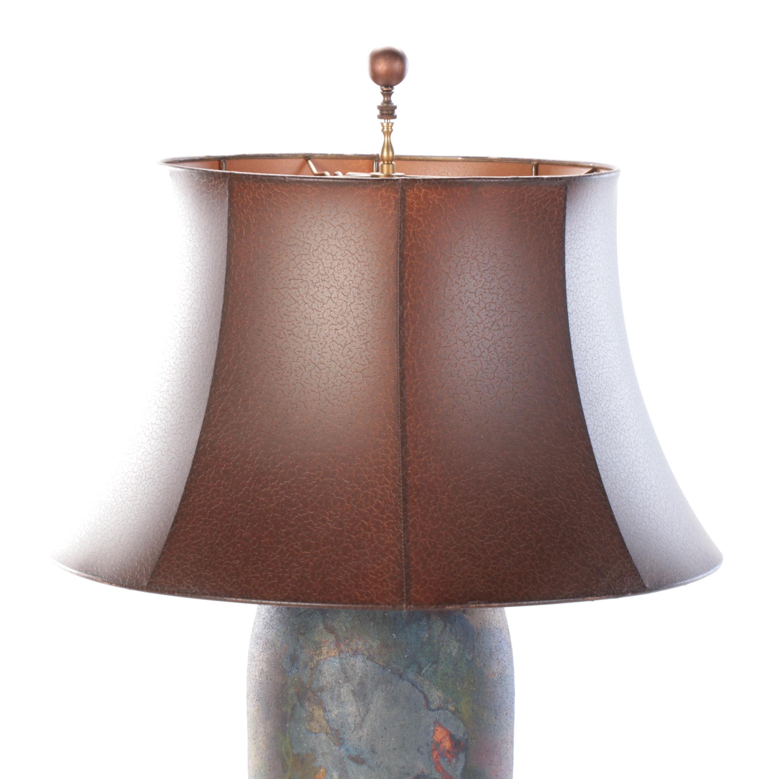 Raku Pottery Table Lamp with Faux Leather Drum Shade, 21st Century