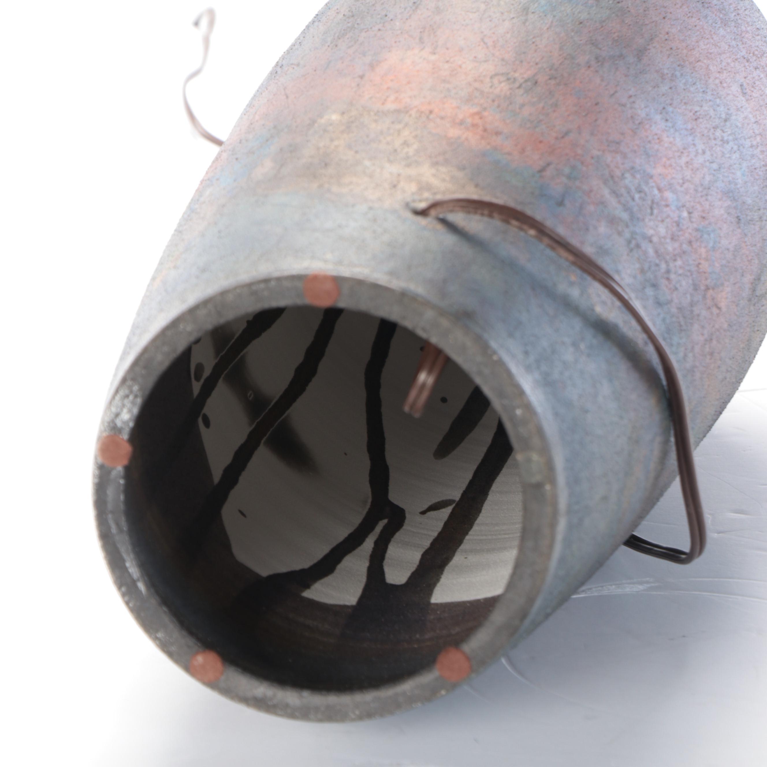 Raku Pottery Table Lamp with Faux Leather Drum Shade, 21st Century