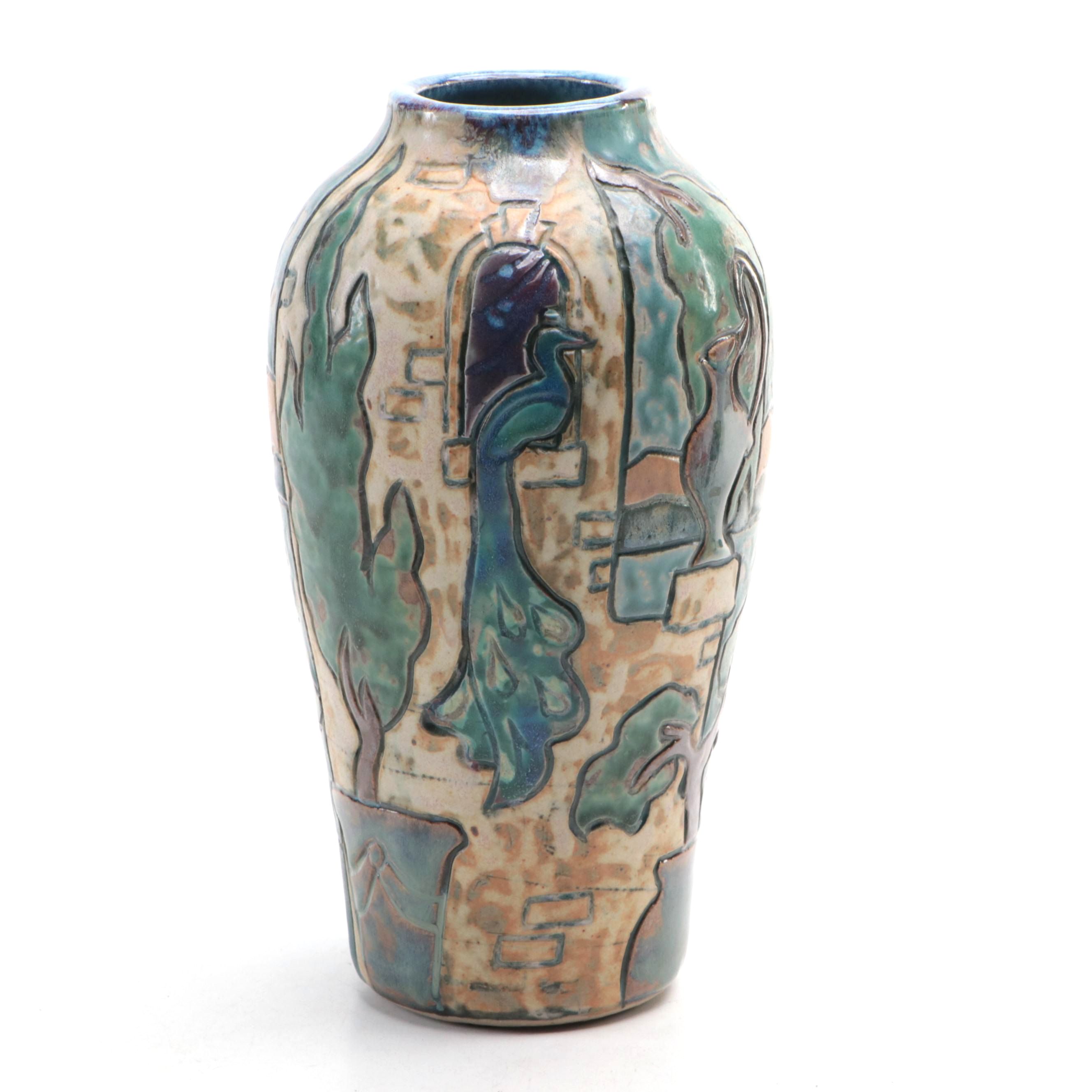 Florida Faience Handcrafted and Carved Earthenware Vase, 2004