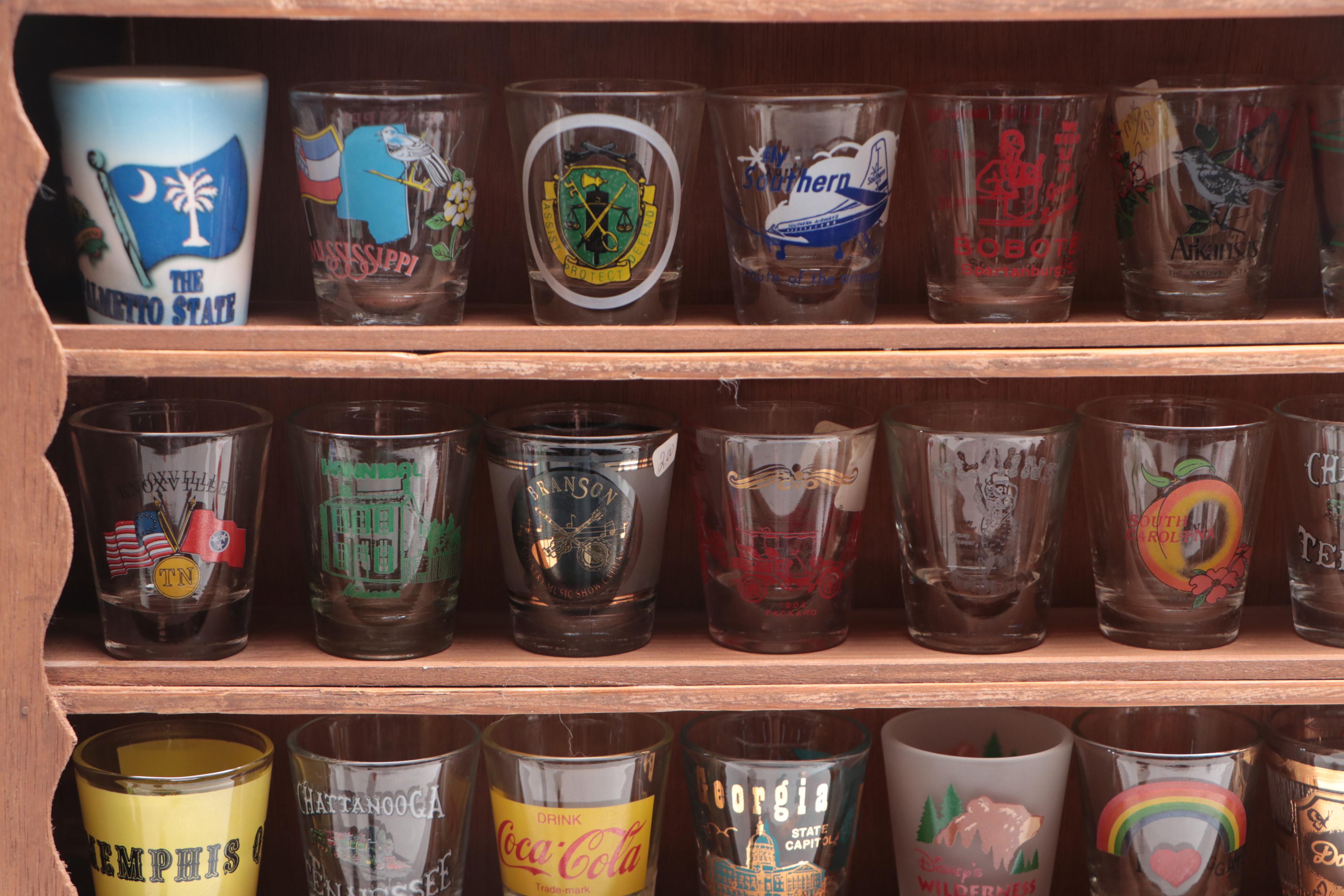 Souvenir and Collectible Shot Glasses with Display Rack