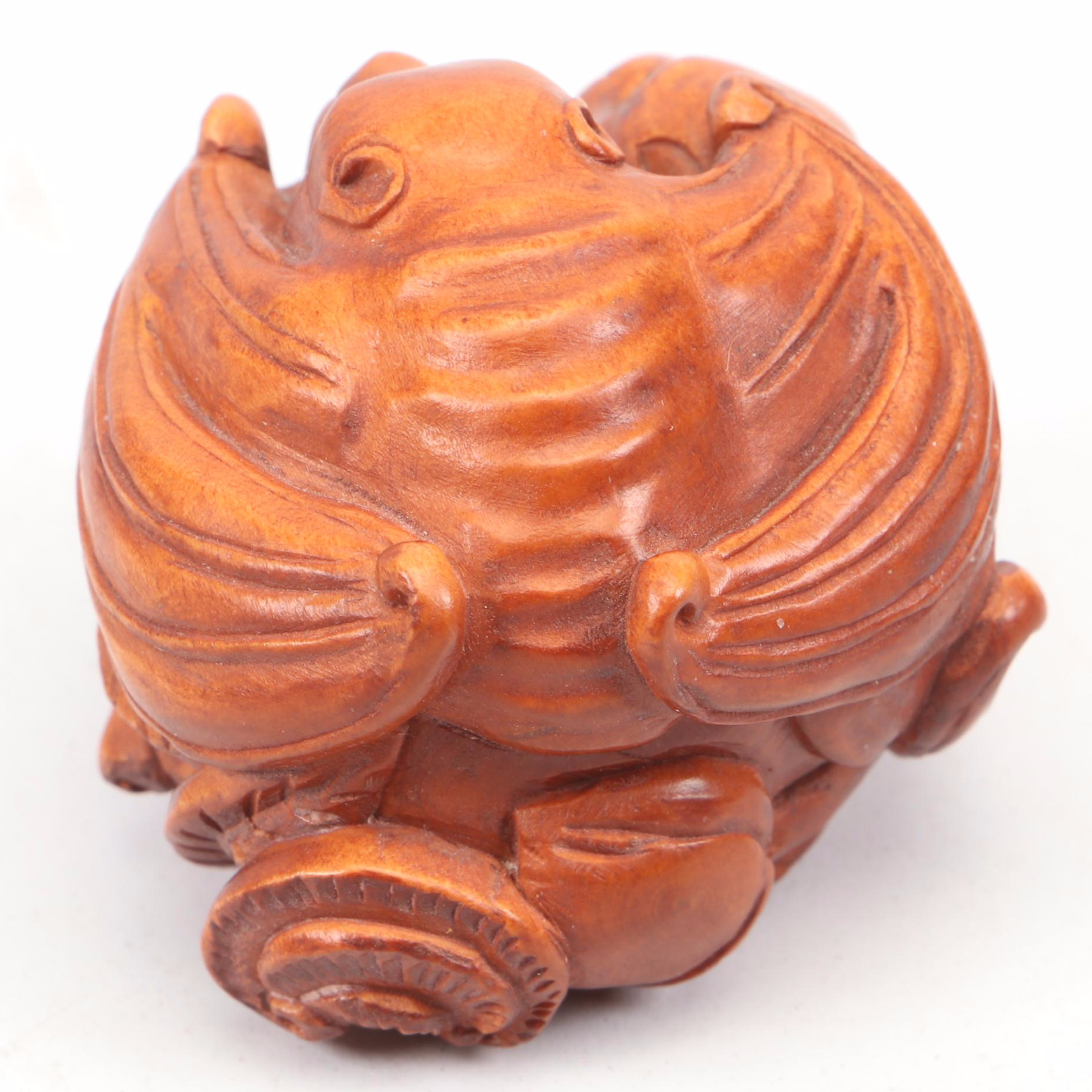 Artist Signed Japanese Carved Wood Fruit Bat Netsuke