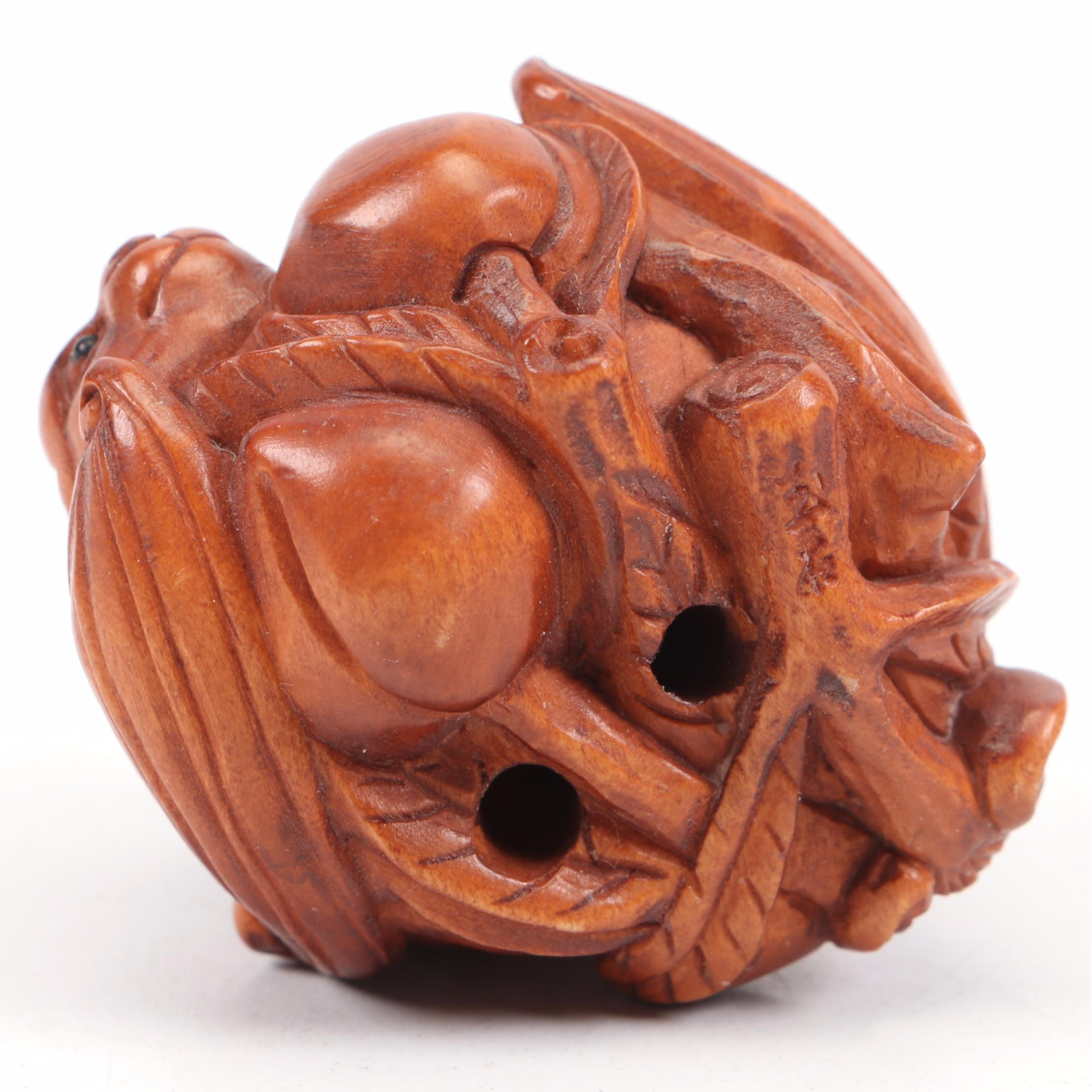 Artist Signed Japanese Carved Wood Fruit Bat Netsuke