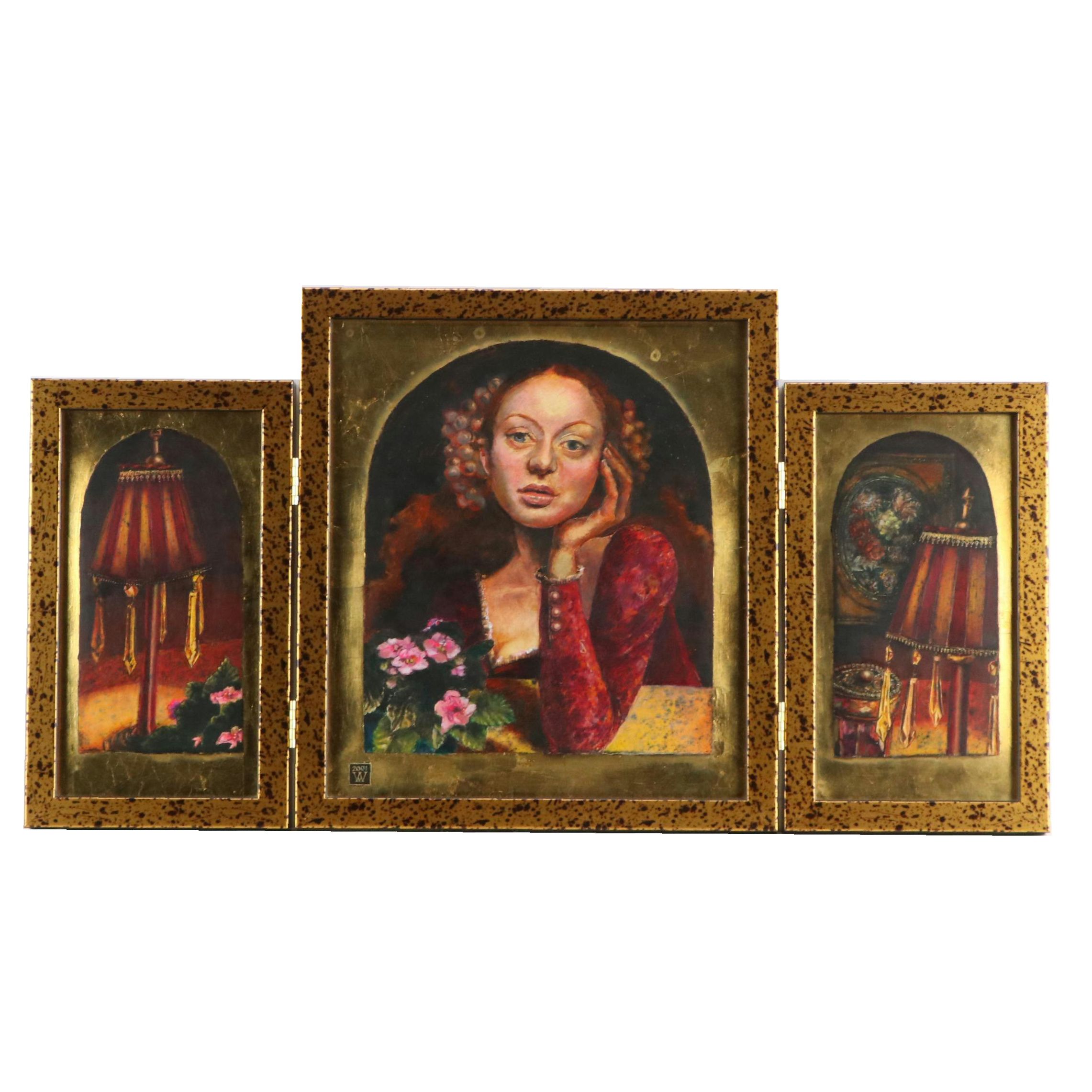 Margaret White Triptych Portrait Mixed Media Painting, 2001
