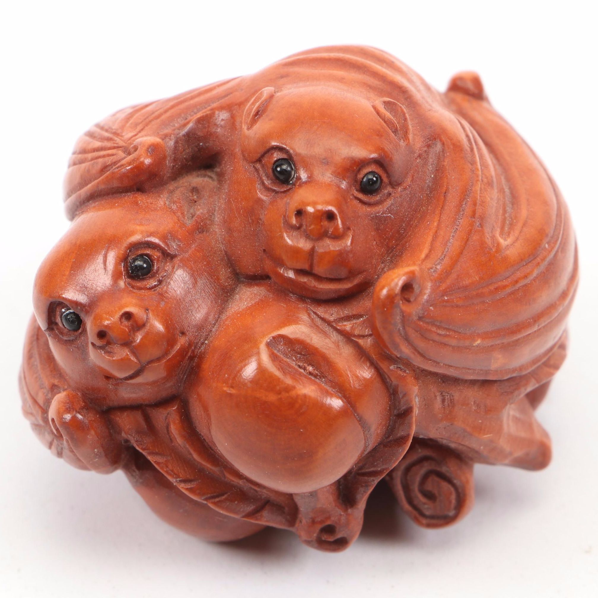 Artist Signed Japanese Carved Wood Fruit Bat Netsuke