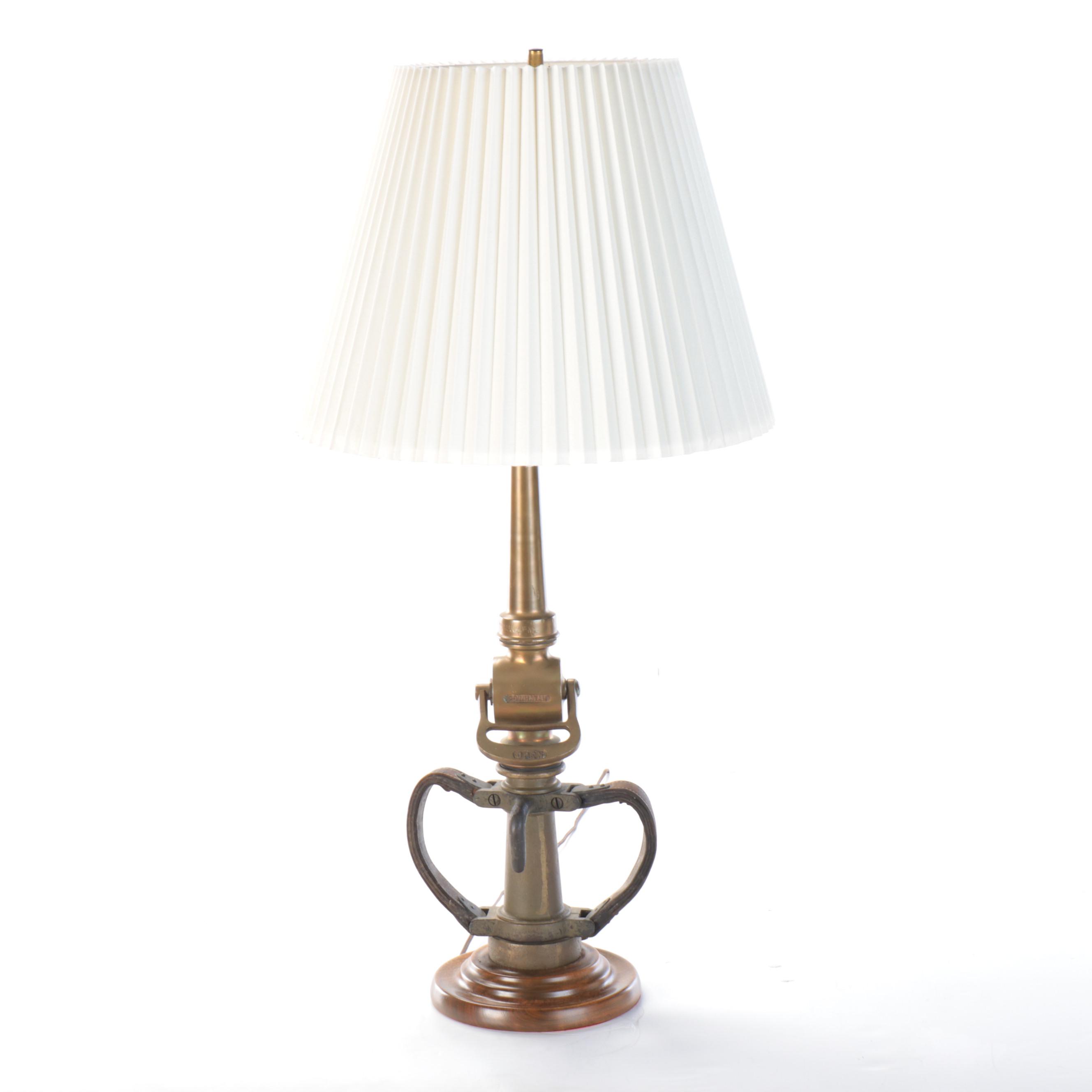 Brass Powhatan Fire Hose Nozzle Table Lamp With Pleated Shade